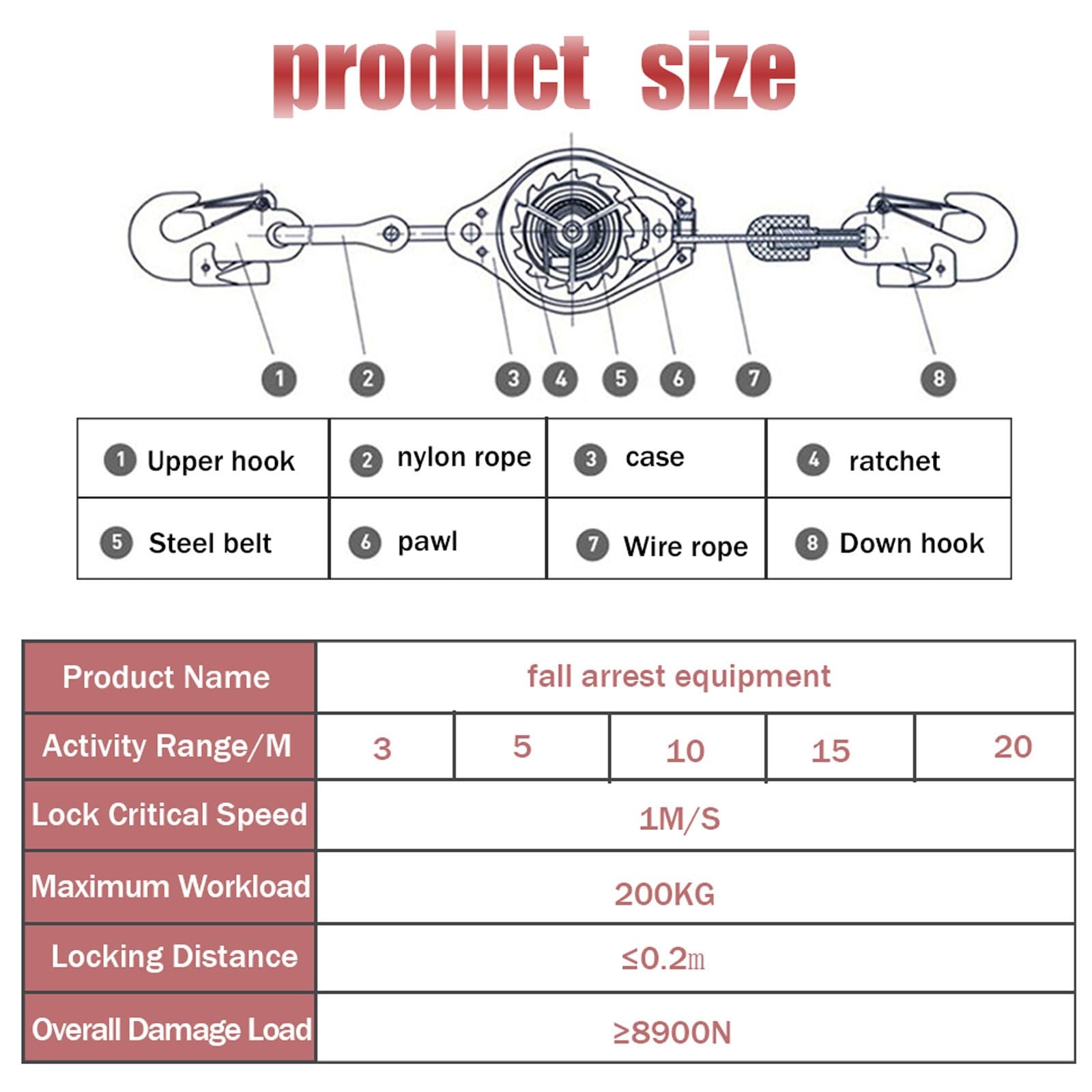 Dispositivo Anticaídas Retráctil 3-20m, Línea de Vida Retráctil Portátil con Gancho Autoblocante, Arnes de Seguridad Anticaídas Retráctil para Trabajos en Altura, Carga Máxima: 200kg(Size:20m)