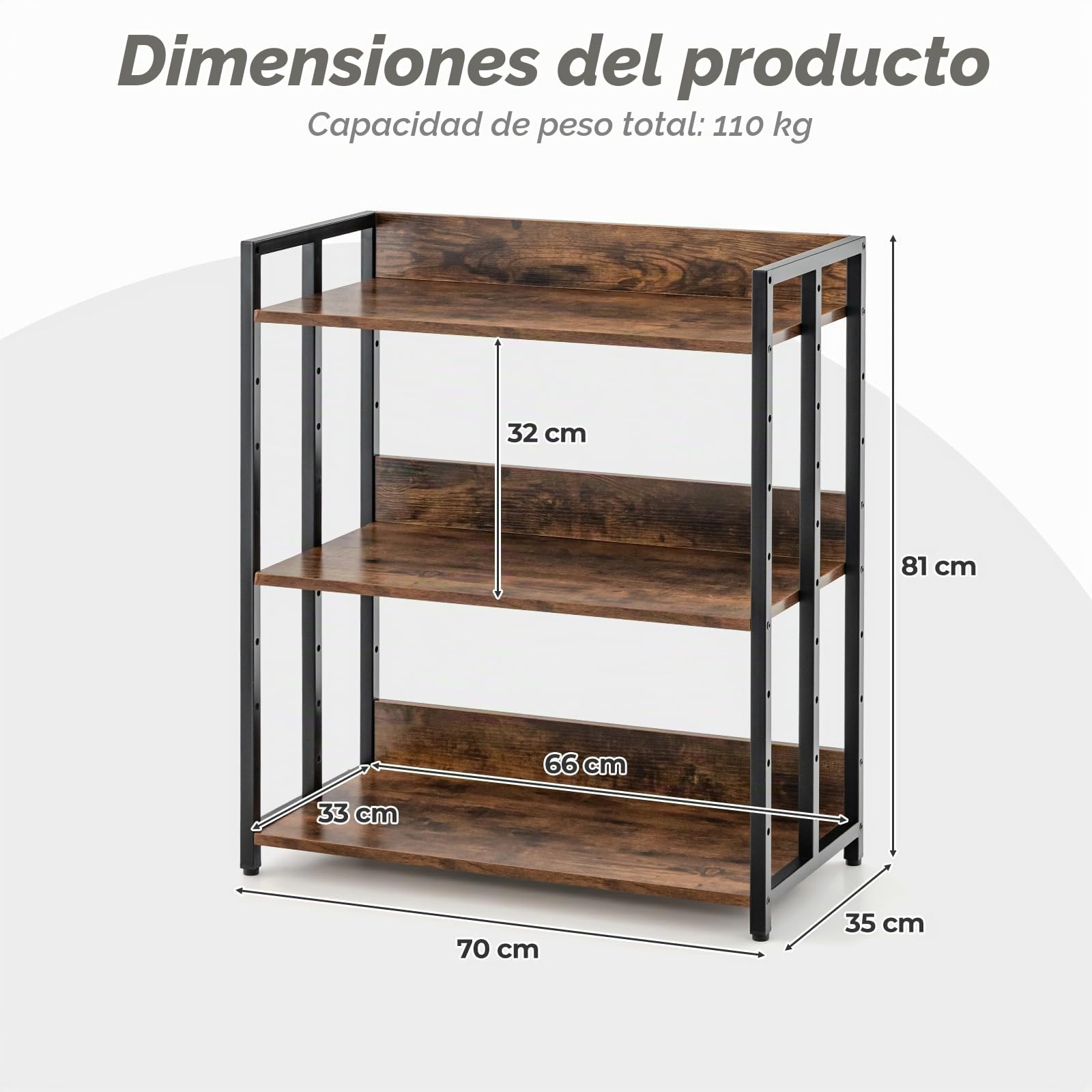 GIANTEX Librería Industrial de 3 Niveles con Solapas Pretectoras, 70 x 35 x 81 cm, Estantería de Almacenamiento de Madera con Marco de Metal, Estantería para Salón, Dormitorio, Cocina (Marrón)