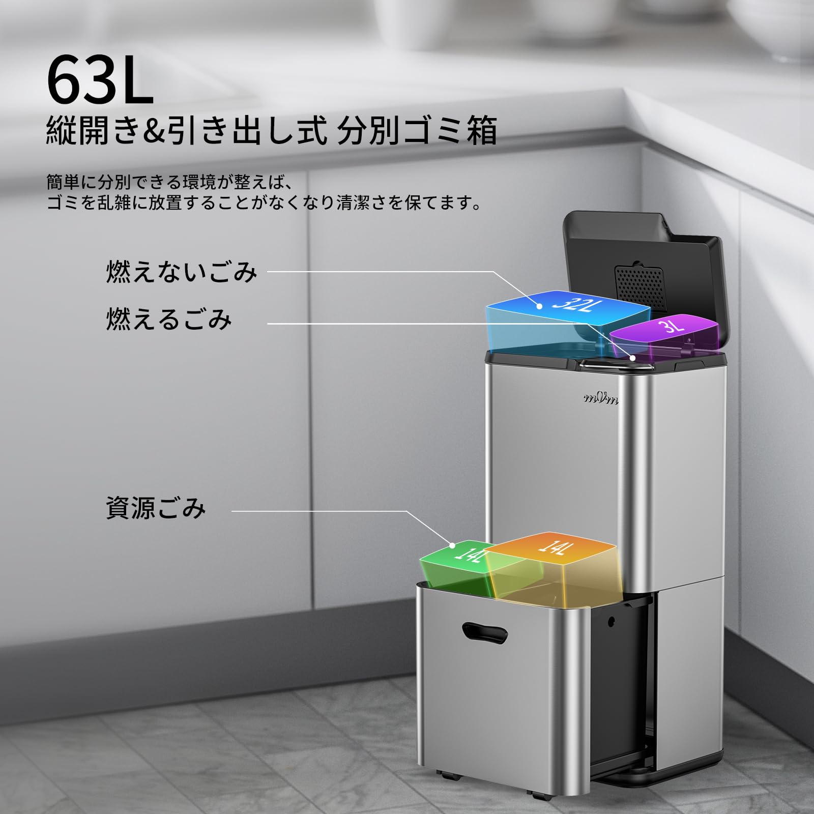 Amazon｜mVm ゴミ箱 分別 縦型2段4分別 63L ダストボックス 蓋付き 消