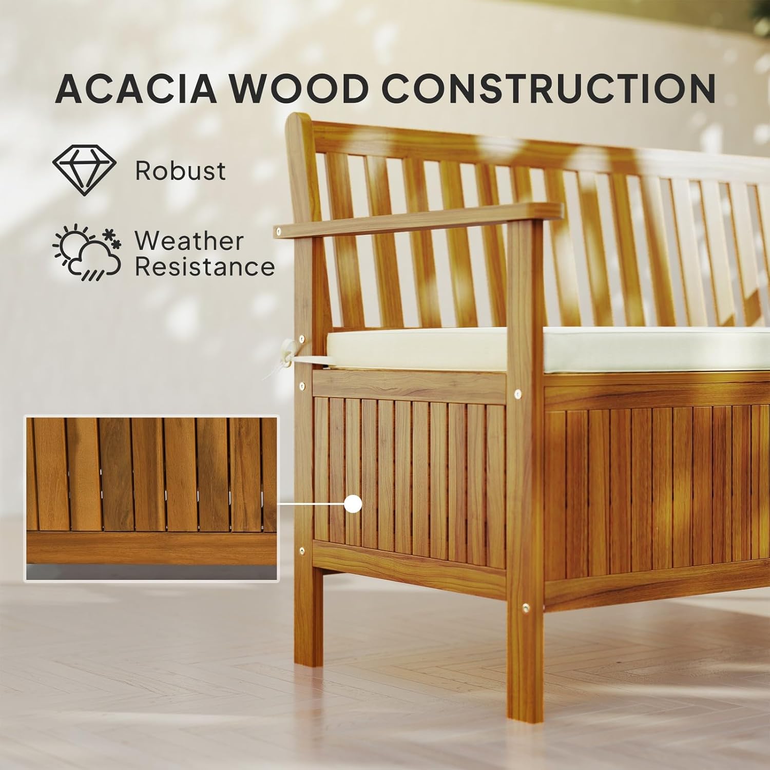 Outdoor Bench with Storage, 2 Seater Acacia Wood Patio Bench, Teak