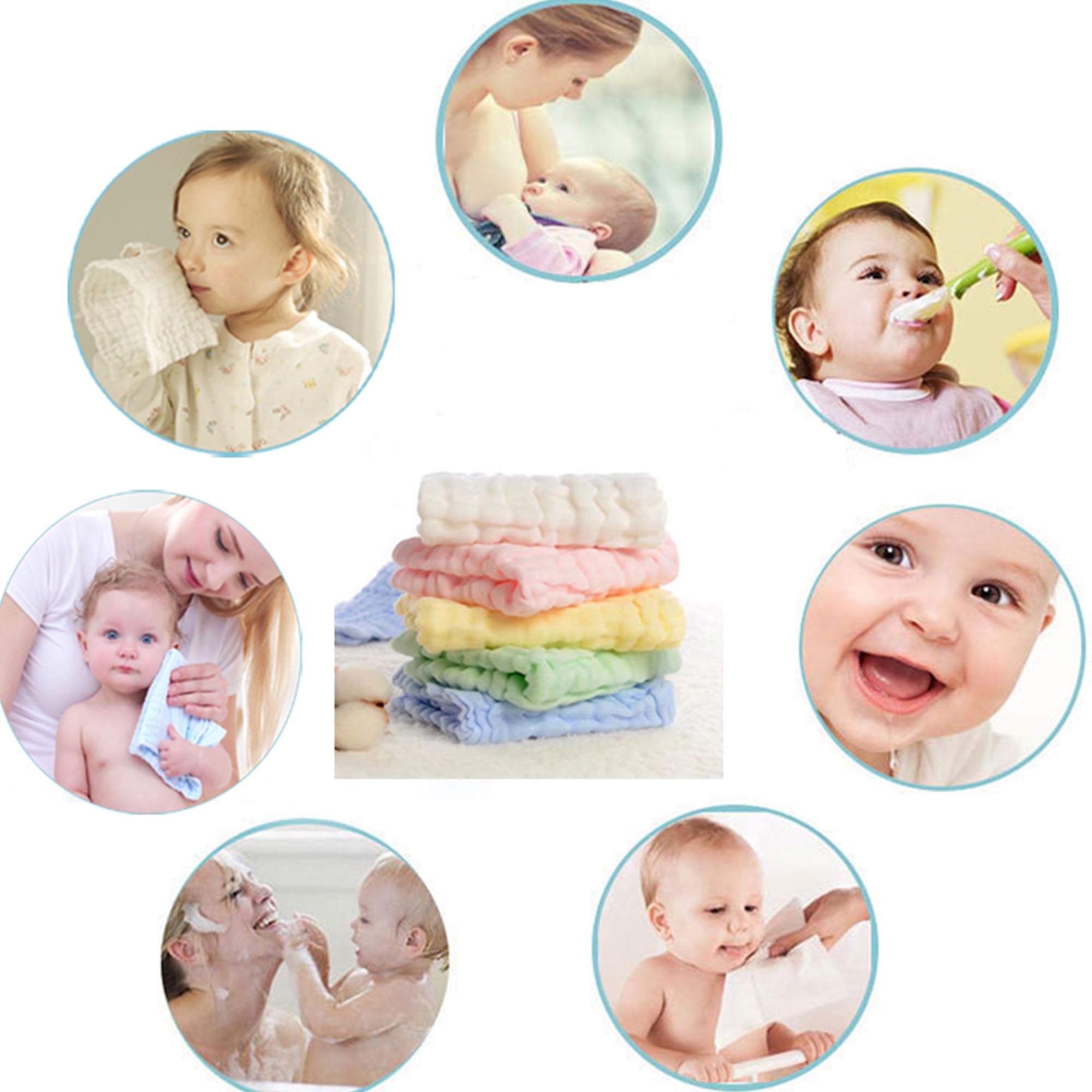 YUEMING 5 Pacchi Asciugamani in Mussola per Bambini,30 x 30 cm Asciugamani Neonato, Telo da bagno in cotone,Salviette Soffici Viso Neonati Panno Lavabile Mussola,Regalo per Baby Shower