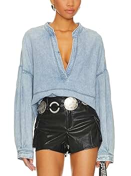 Women's Denim Pullover Tops Deep V-Neck Long Sleeve Raw Hem