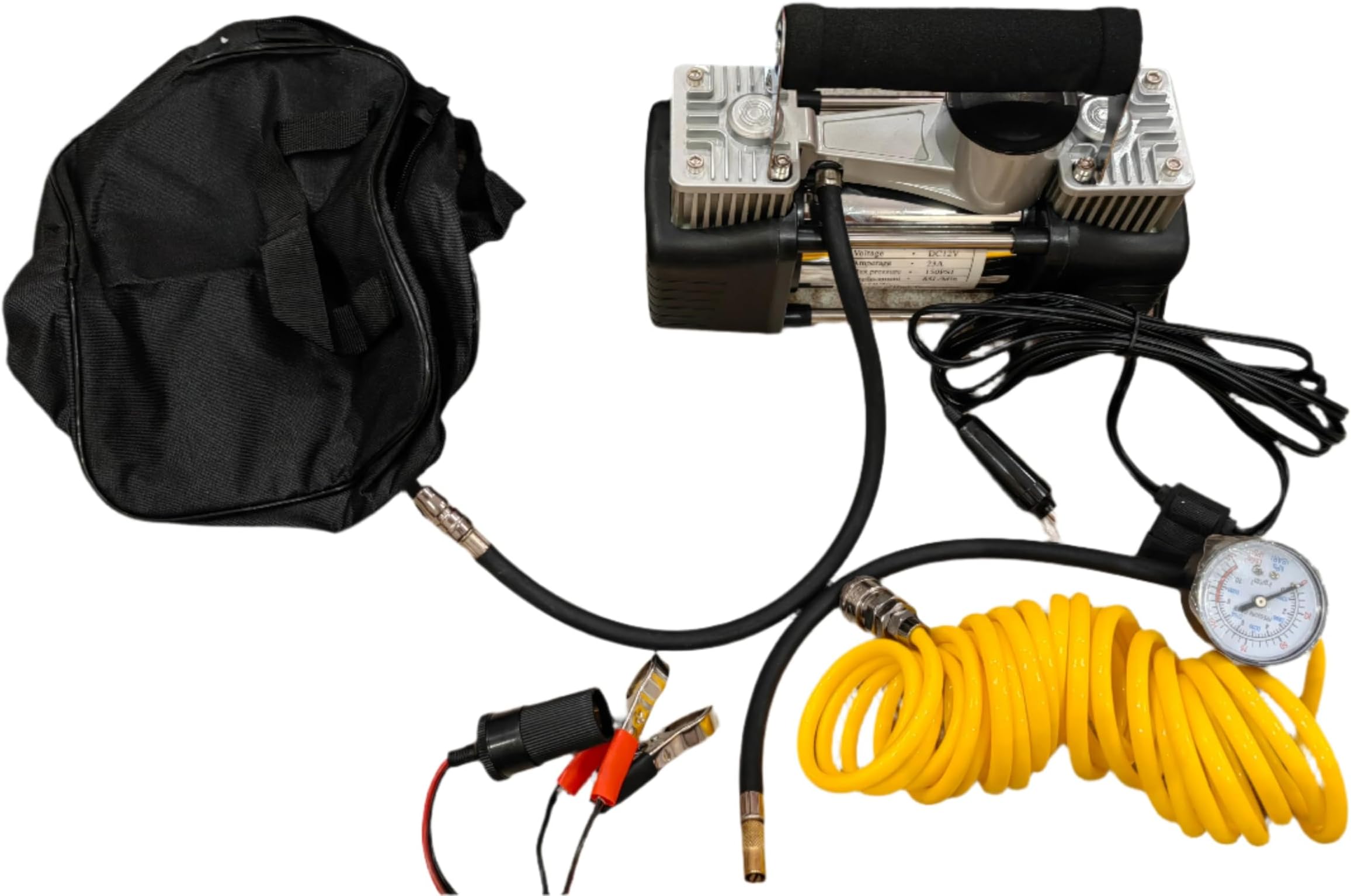 1 Year Warranty 2 Cylinder compact air compressor with free bag and accessories ضمان سنة كمبرسر هواء سليندرين مع شنطة واكسسوارات مجانا