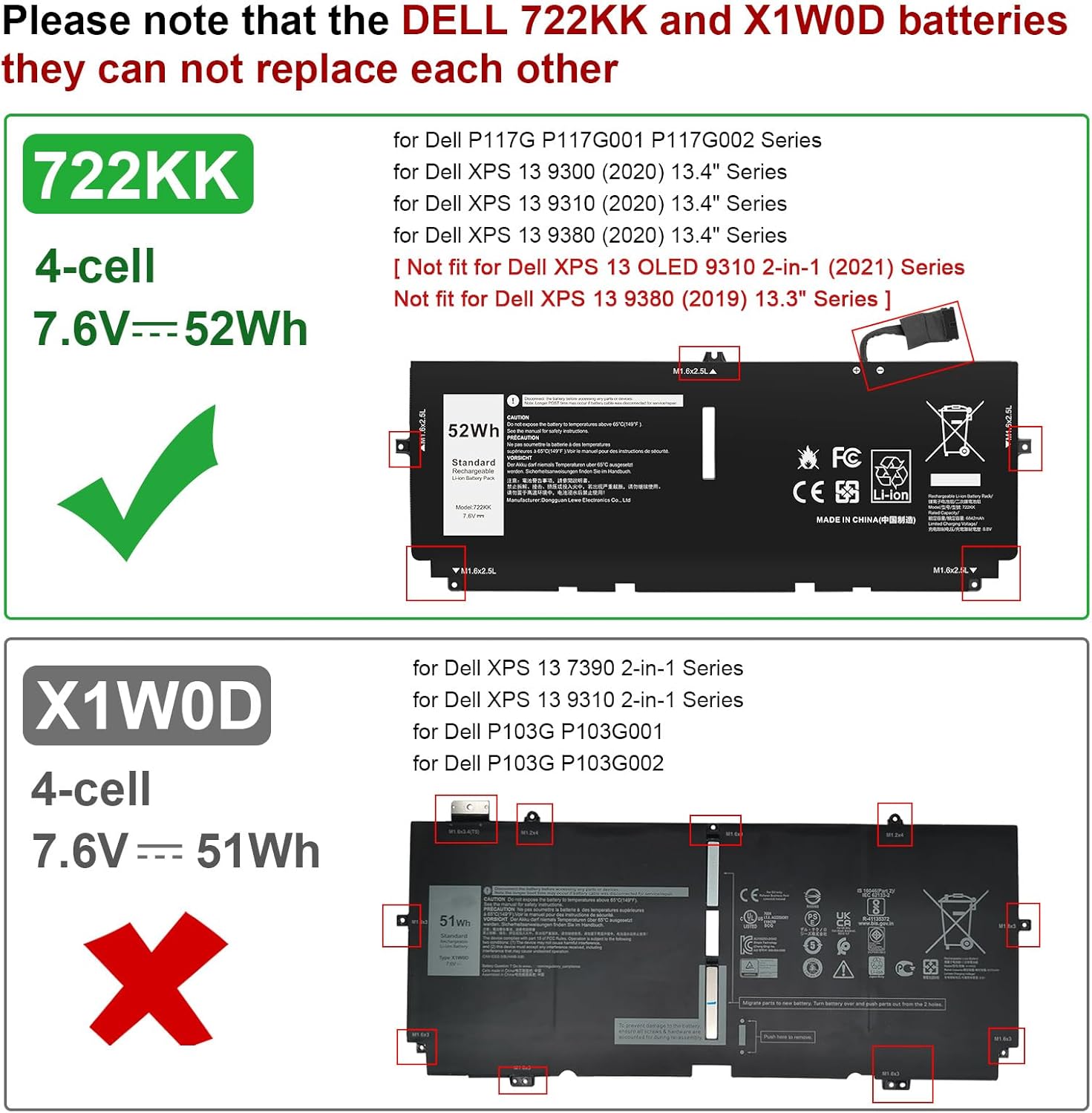 Fancy Buying 52Wh 722KK FP86V Laptop Battery for Dell XPS 13 9300 XPS 13 9310 XPS 13 9380 P117G P117G002 P117G001 Series Notebook 0WN0N0 WN0N0 02XXFW 2XXFW