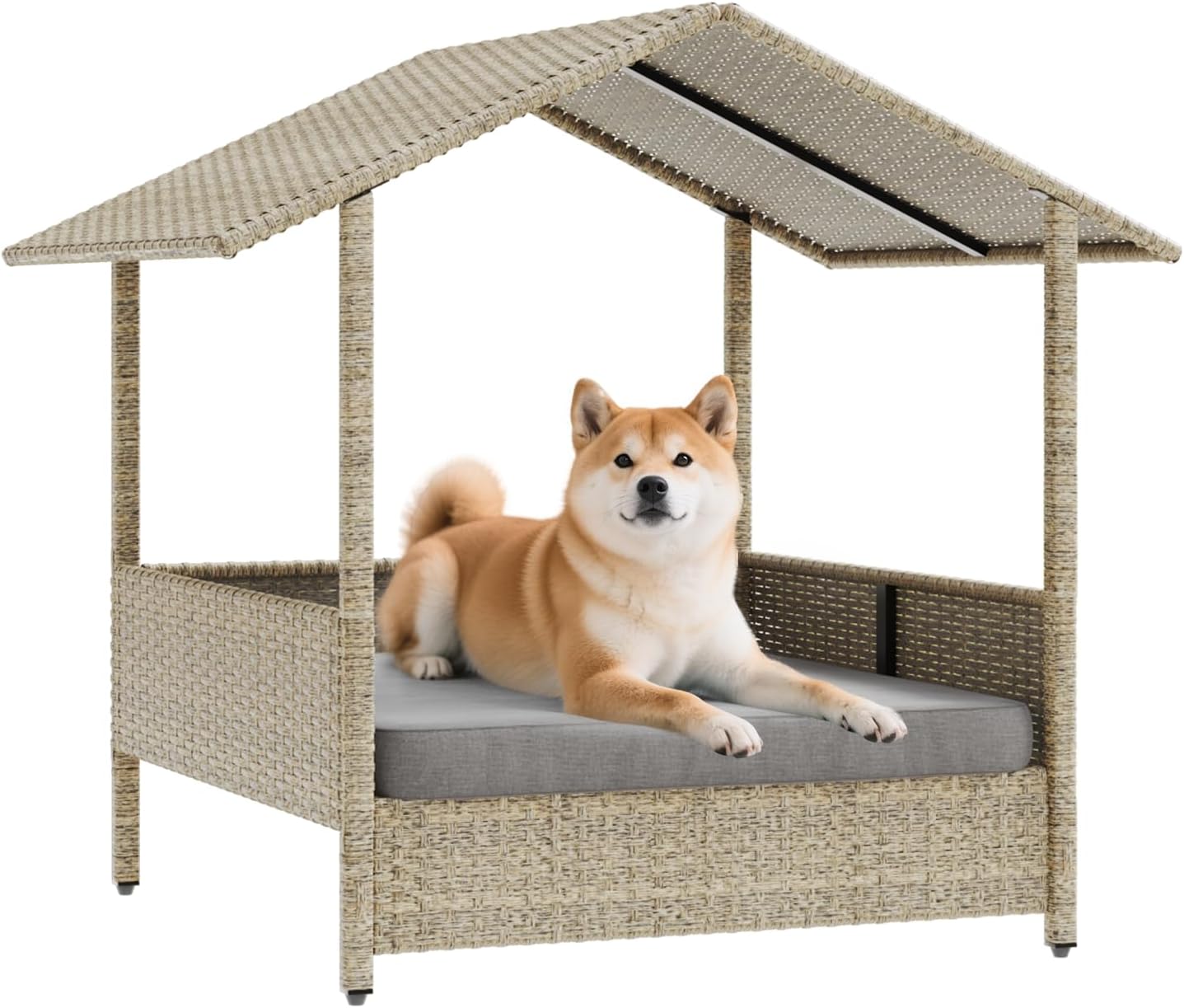 Waleaf Wicker Dog House Outdoor Indoor with Canopy, Elevated Dog Shelter Dog Bed with Cushion for Small/Medium Dogs, Weather Proof Cushion Cover, Cabana for Patio, Deck, Pool, Yard