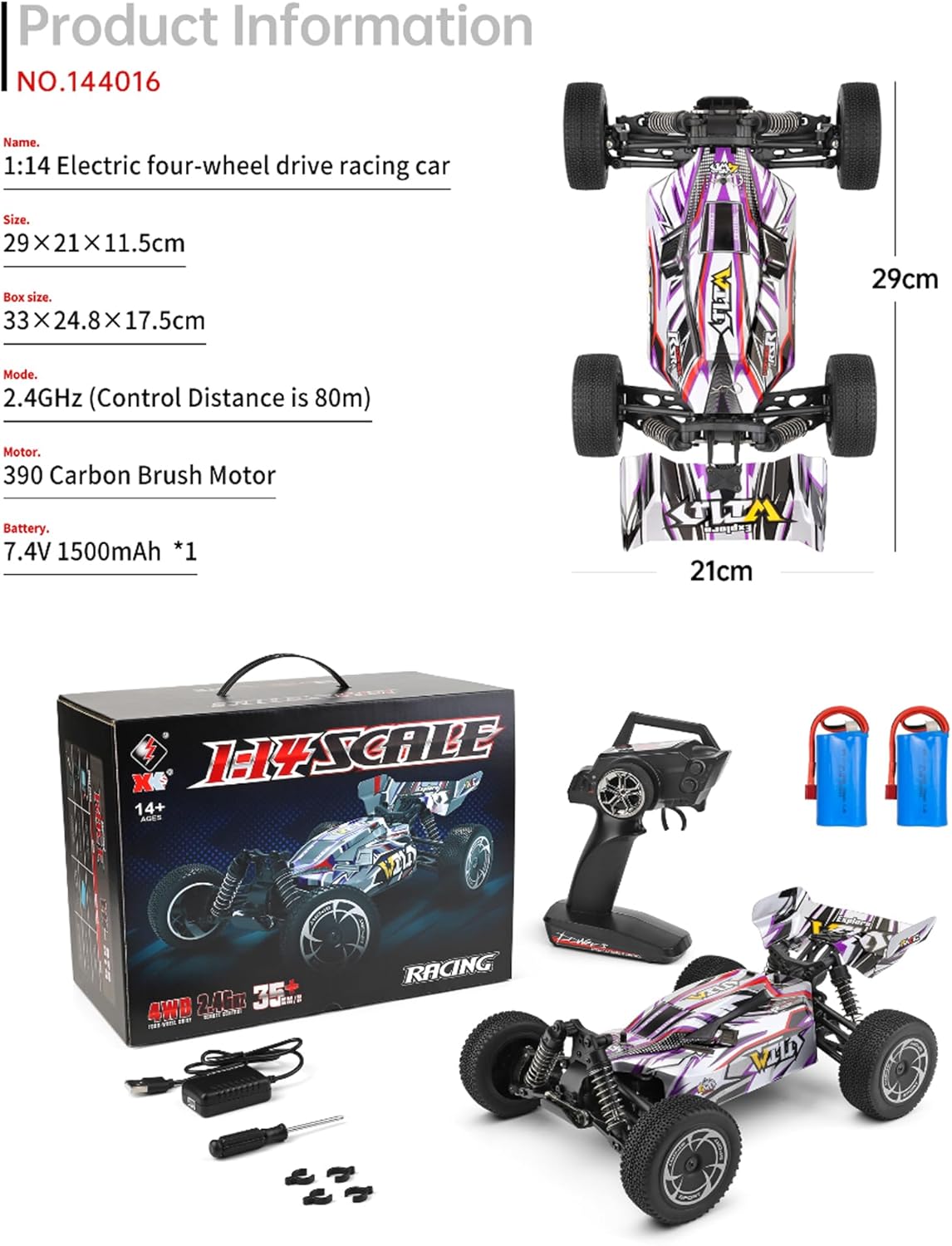 Diagram showing the dimensions of the WLtoys 144016 RC car: 29cm length, 21cm width, 11.5cm height.