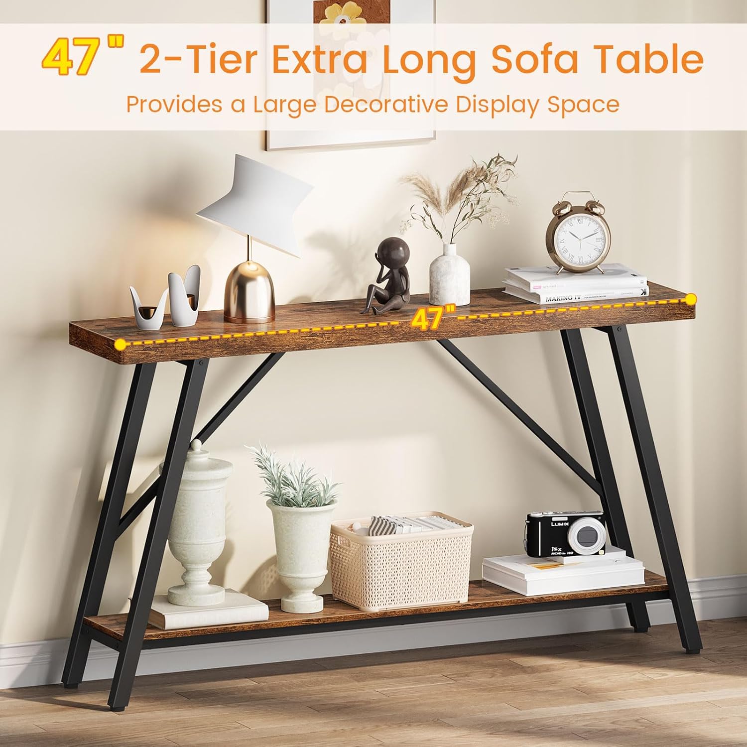 Snughome Entryway Table, 47.2" Long Console Table with 2 Tier Storage Shelf, Sofa Table Behind Couch, Extra Large Entry Table for Entryway,Living Room,Hallway, Foyer, Supports 220 LBS, Rustic Brown