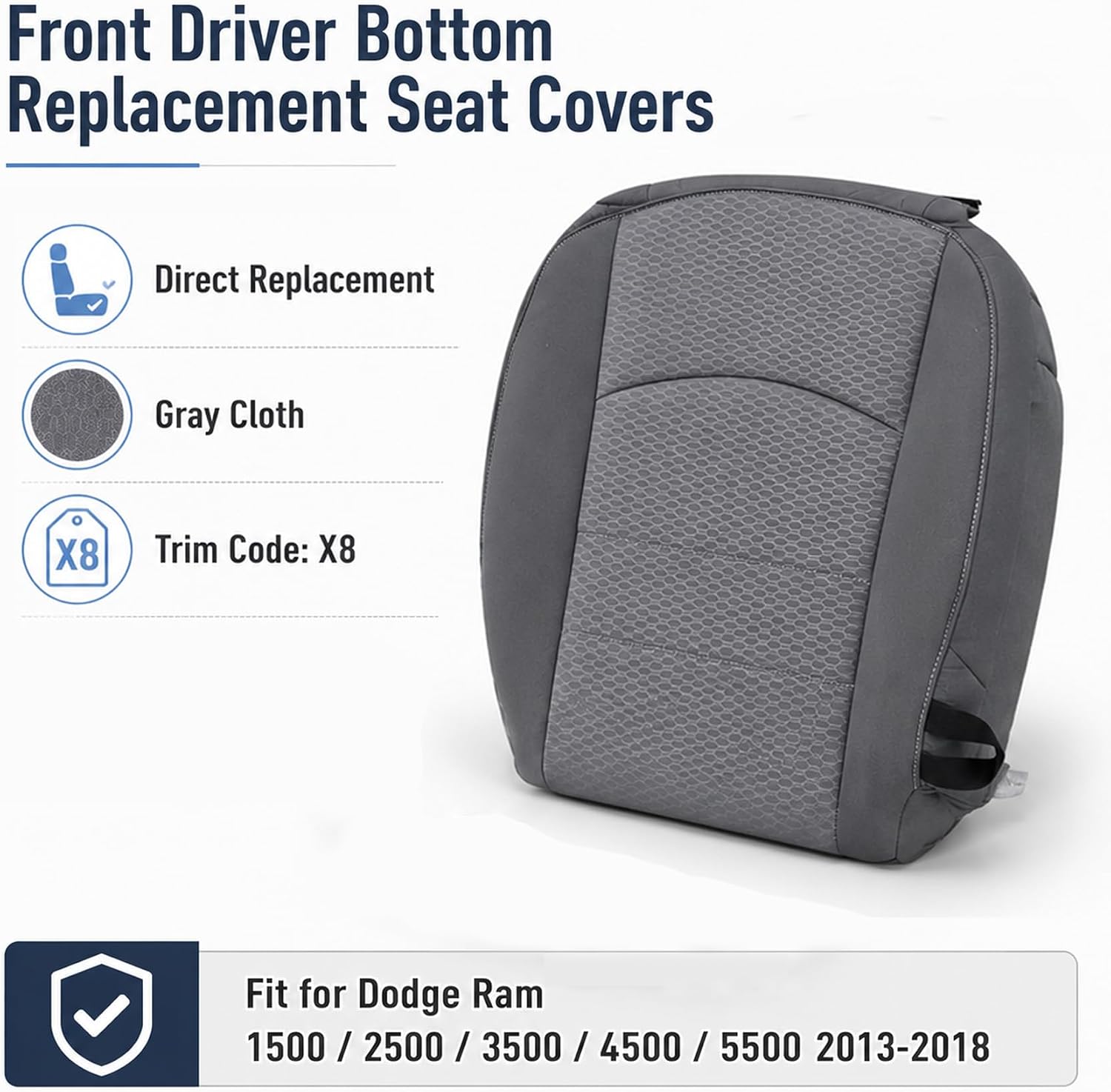 NLQR #X8 Front Diver Bottom Replacement Cloth Seat Covers Gray Compatible with Dodge Ram 1500 2500 3500 4500 5500 2013 2014 2015 2016 2017 2018