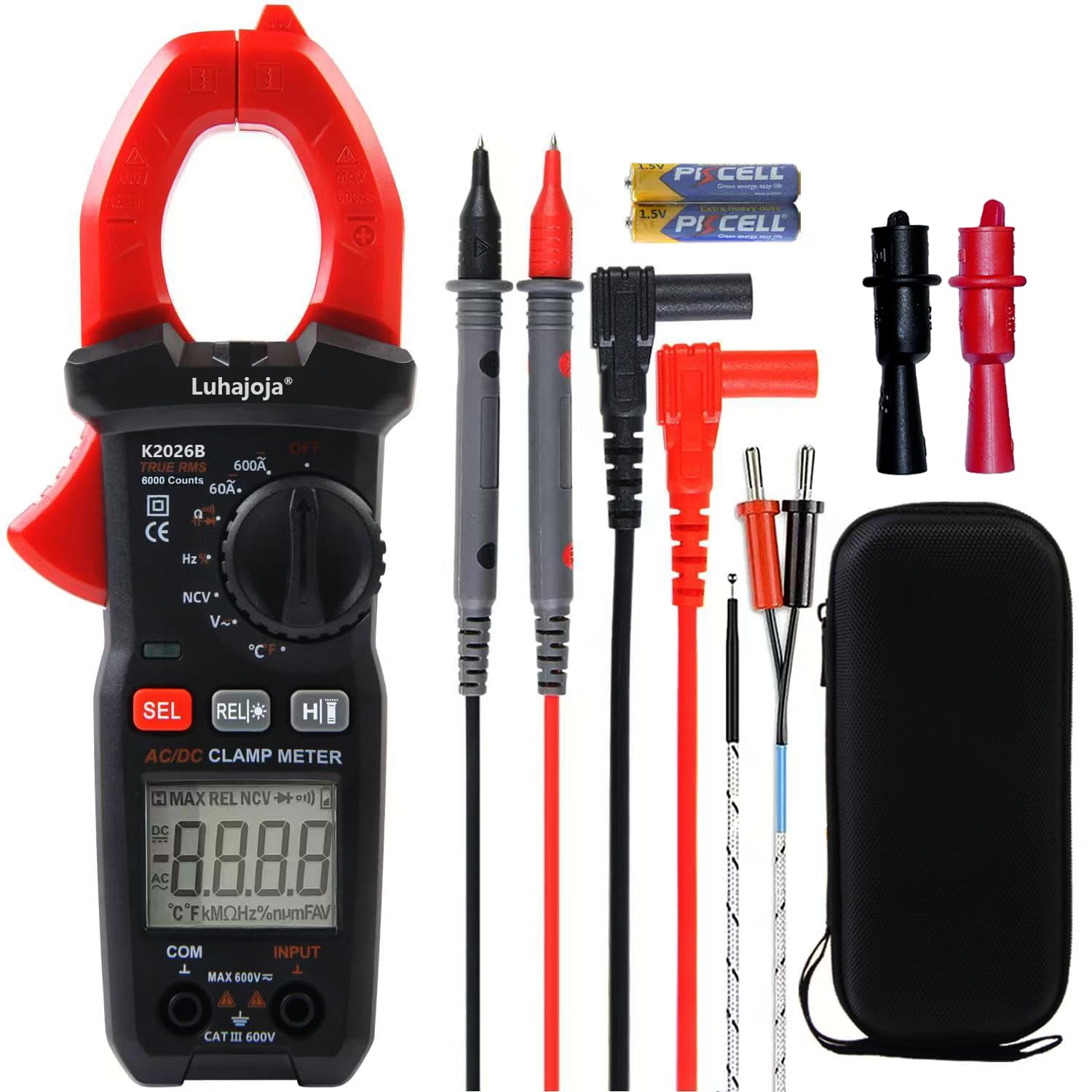 Clamp Mete, 6000 Counts, Auto Ranging, Measures High AC/DC Current 600A, 600V AC/DC Voltage, Multimeter, Voltage Meter, Amp Meter, Electrician Tools, with Alligator Clips, Backlit Display