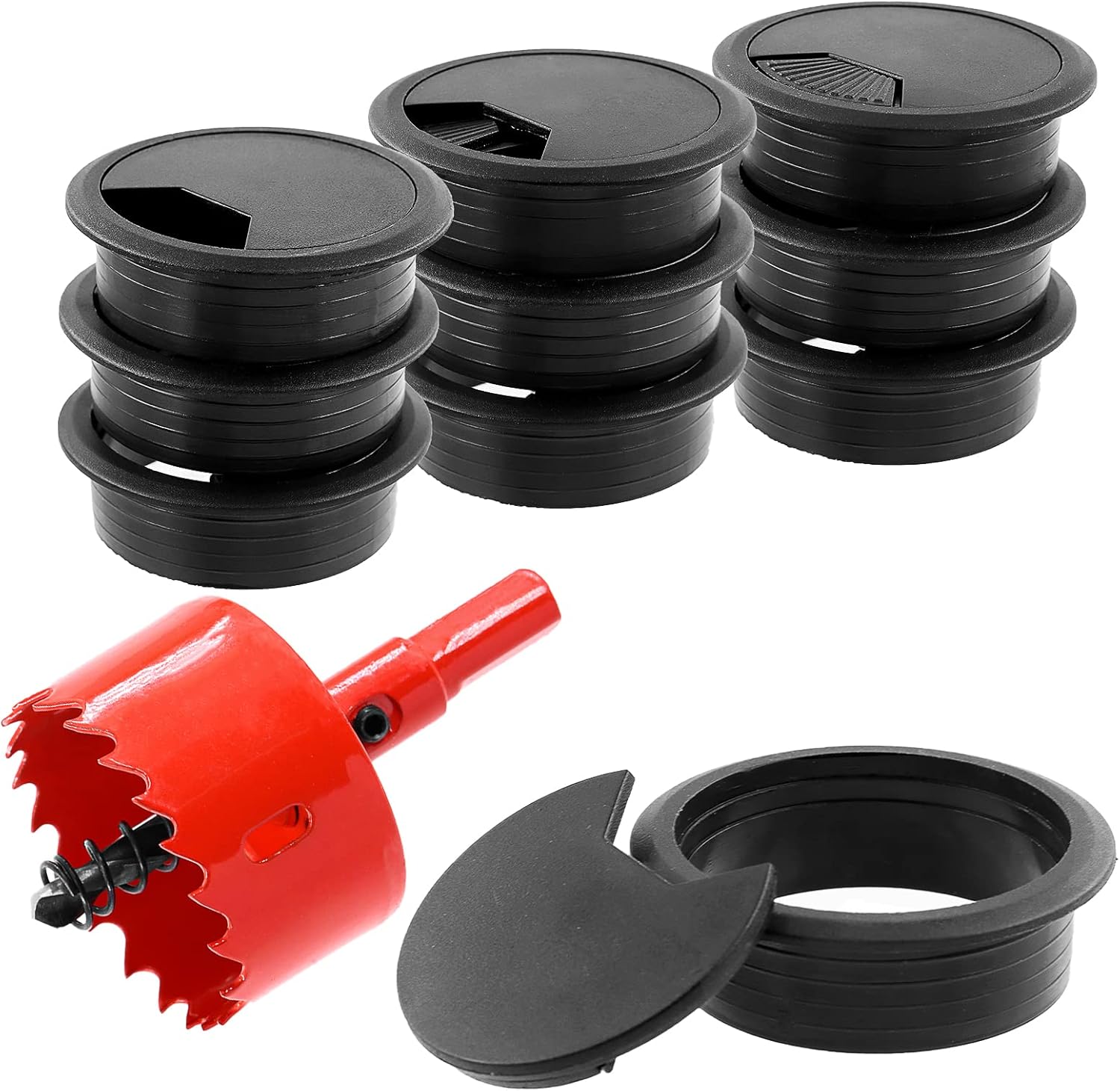 Swpeet 11Pcs Black Desk Cable Wire Grommet Cord with Hole Saw, Tidy
