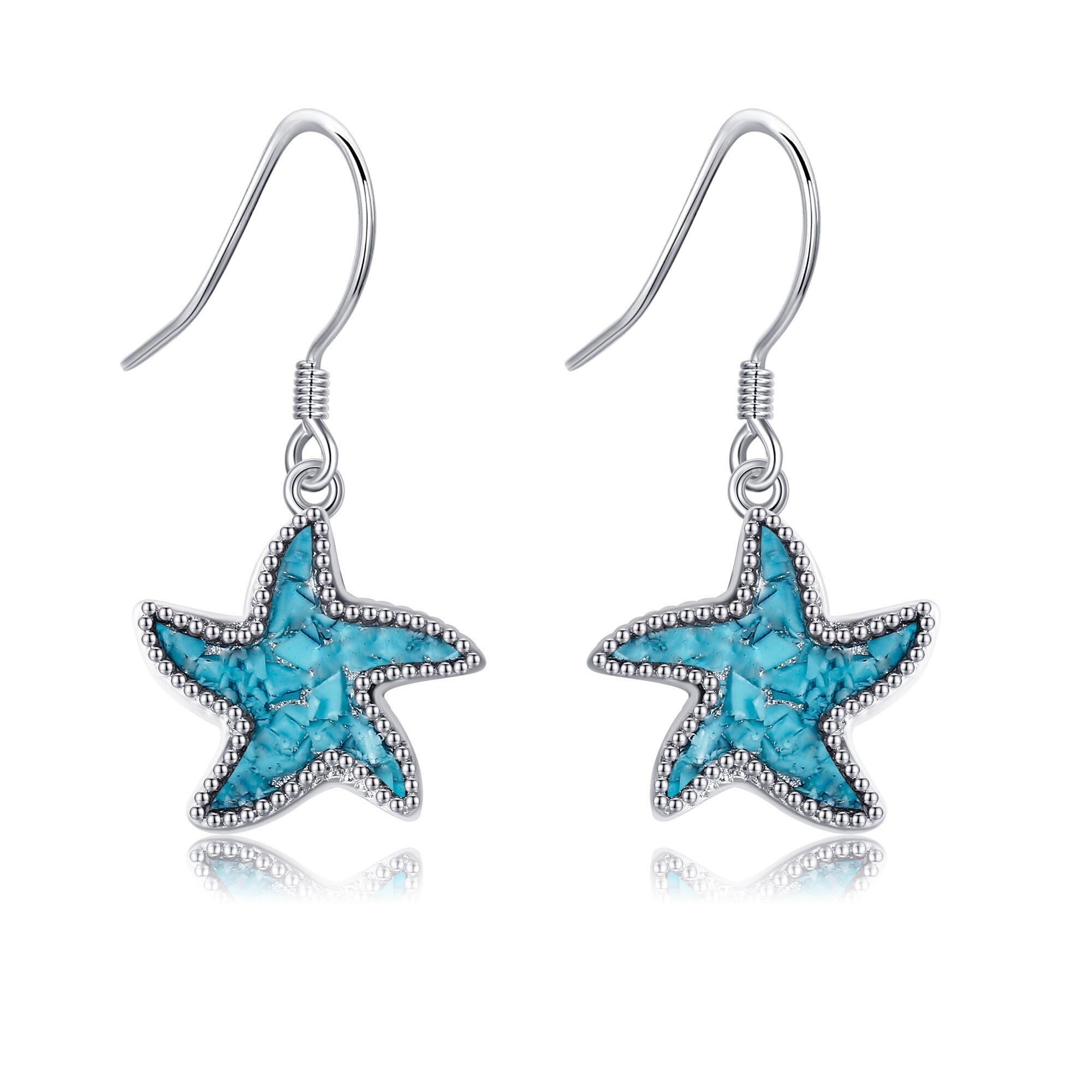 Pendientes de estrella de mar de plata de ley 925 turquesa con diseño de pez marítimo playa pendientes de playa joyas regalos para mujeres niñas estrella de mar océano regalo, Turquesa