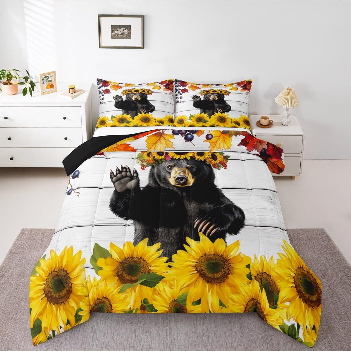 Feelyou Rustic Bear Bedding Set Soft for Boys Girls, Sunflower Comforter Set Queen Size Country Animal Duvet Quilt Microfiber Farmhouse Bedroom Decor 3 Pcs with 2 Pillow Cases
