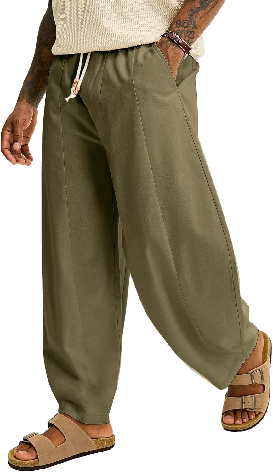 JEMLDL Men's Baggy Cotton Linen Pants Pleated Barrel Leg Trousers Drawstring Summer Beach Casual Pants
