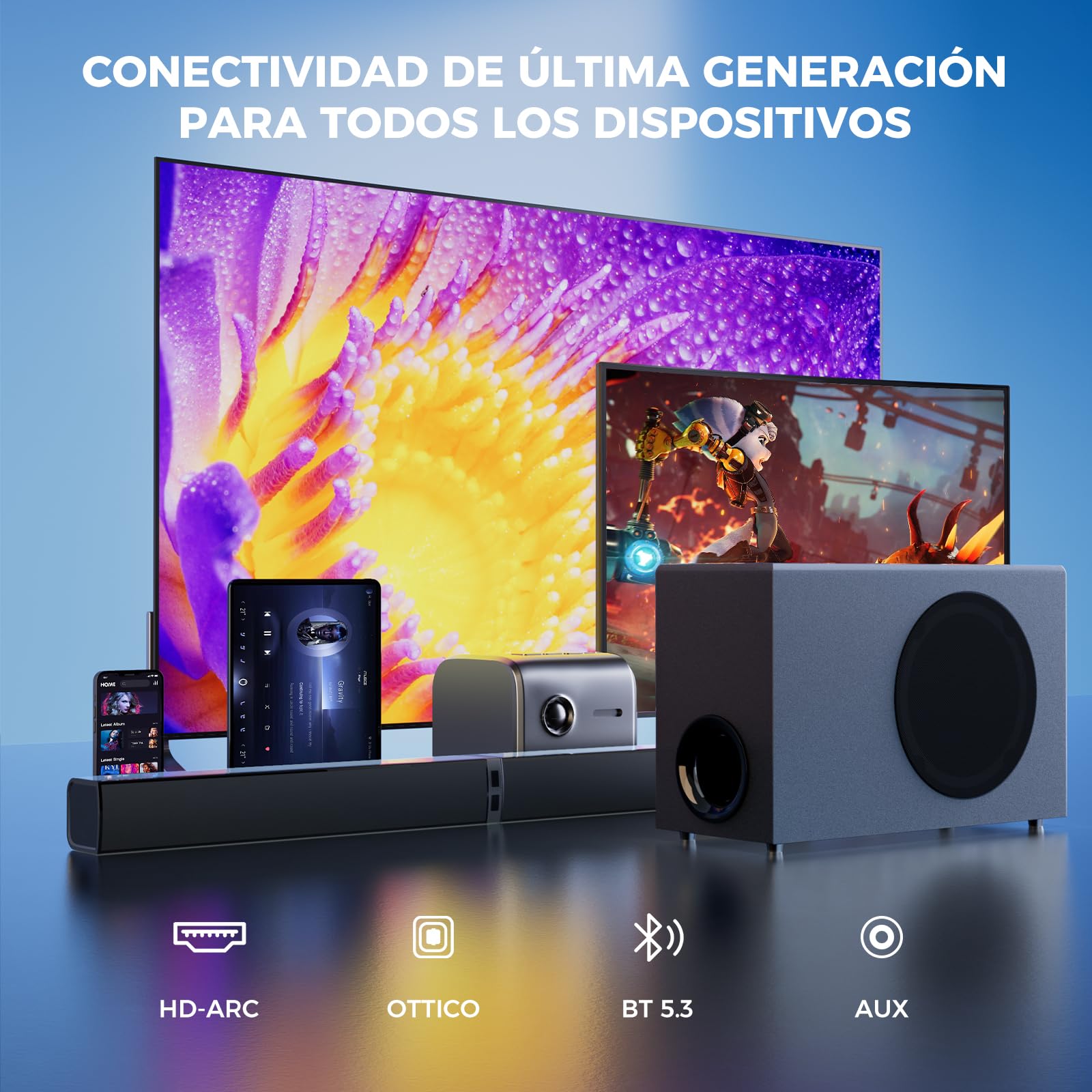 Geragerock Barra de Sonido con subwoofer para TV, 120W 2 en 1 Soundbar Home Theater, 1 Juego de Surround Sound System con Deep Bass&Volumen Boost&3 Ecualización Modos, Bluetooth 5.3/ARC/Opt/AUX