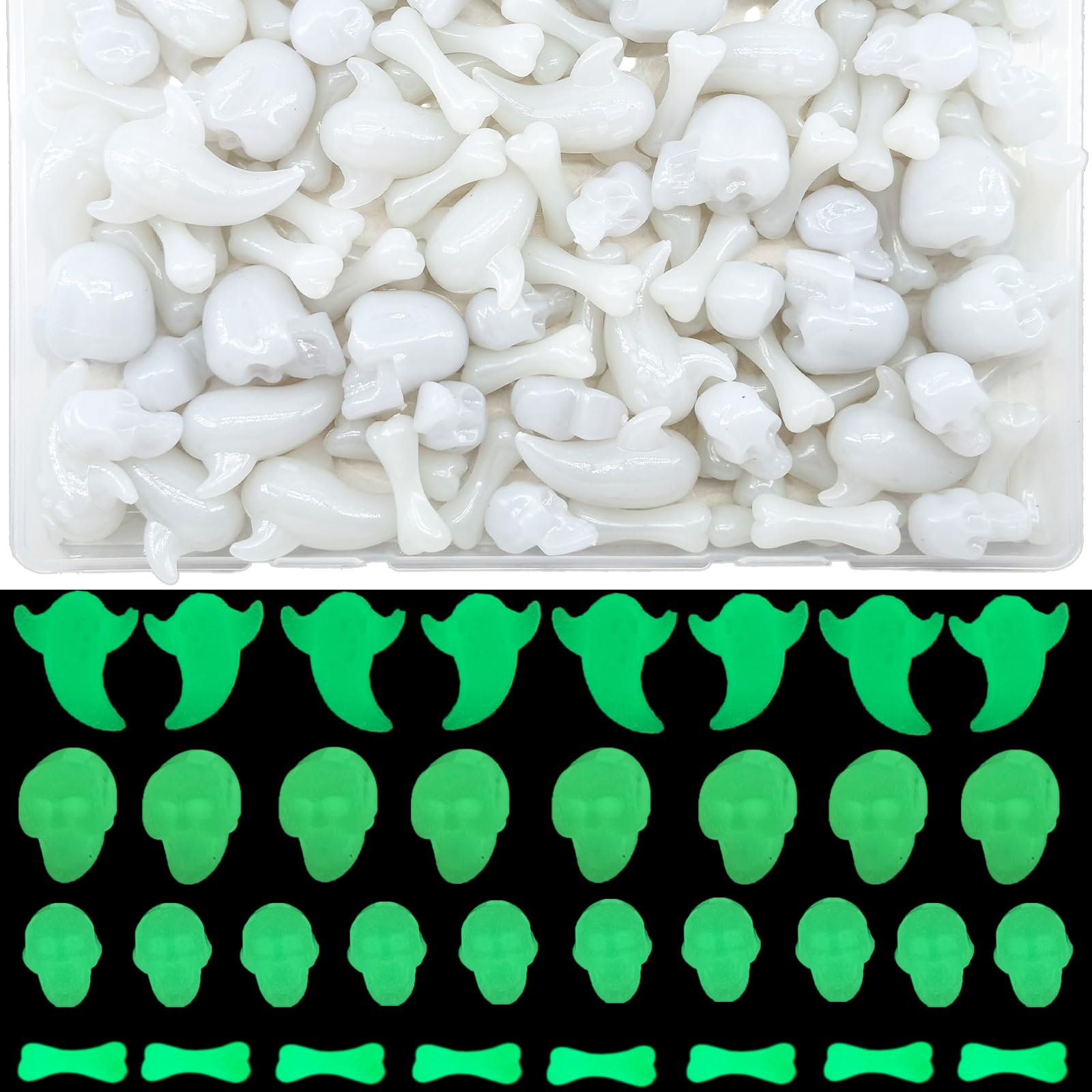 Luminous Halloween Mini Acrylic Skull Heads Ghost Figurines Glow in The Dark Miniature Small Skeleton Heads Bones Ornaments for Halloween Vase Filler Pranks Halloween Bar Home Table Decoration