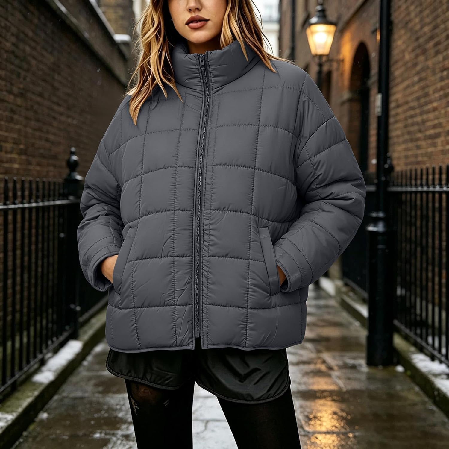 Women's Quilted Jacket Stand Collar Zip Front Classic Padded Coat