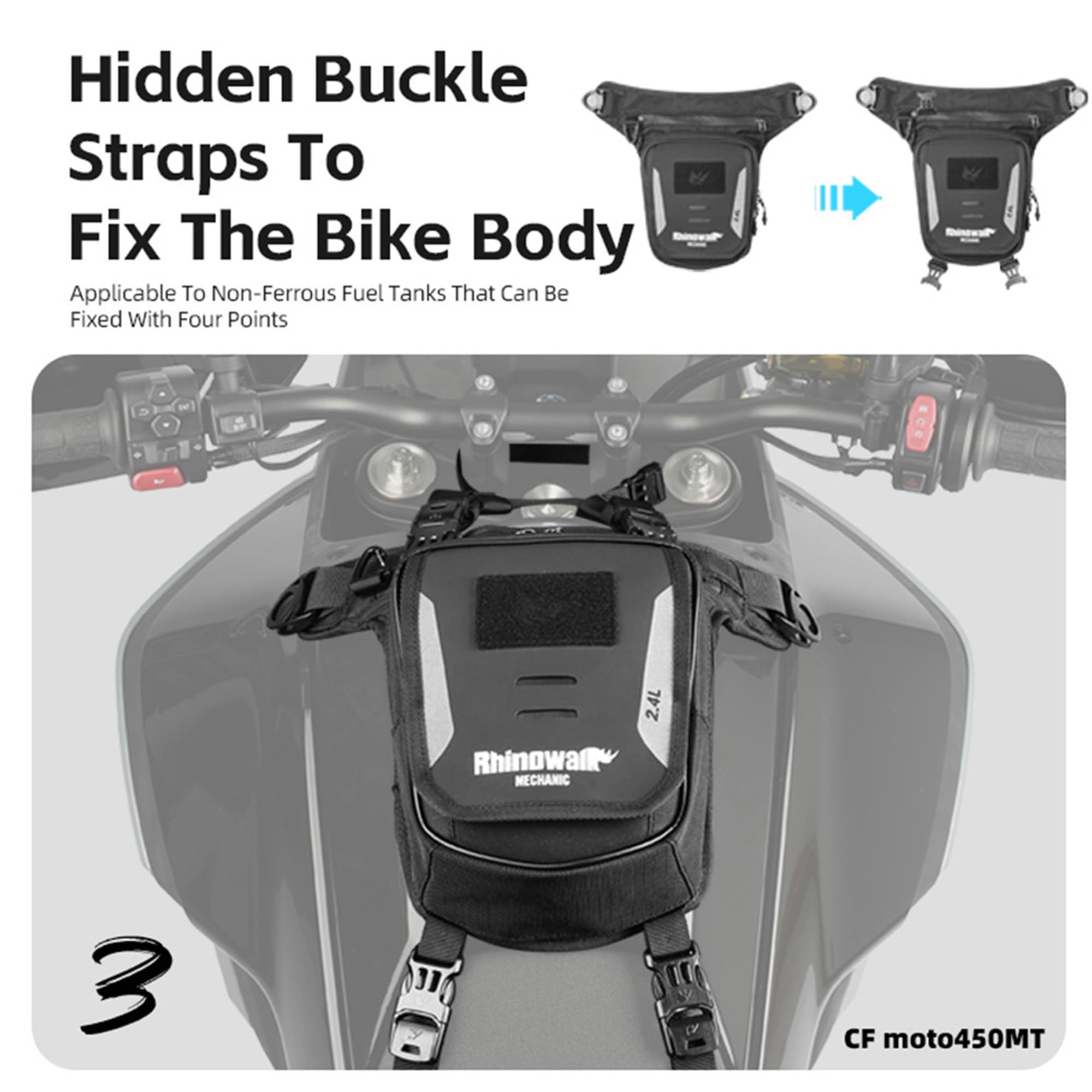 Rhinowalk Motorrad Tanktasche 2.4L mit Magnet & Gurten – Beintasche, Brusttasche, Crossbody-Bag mit Smartphone-Fach & Regenhülle