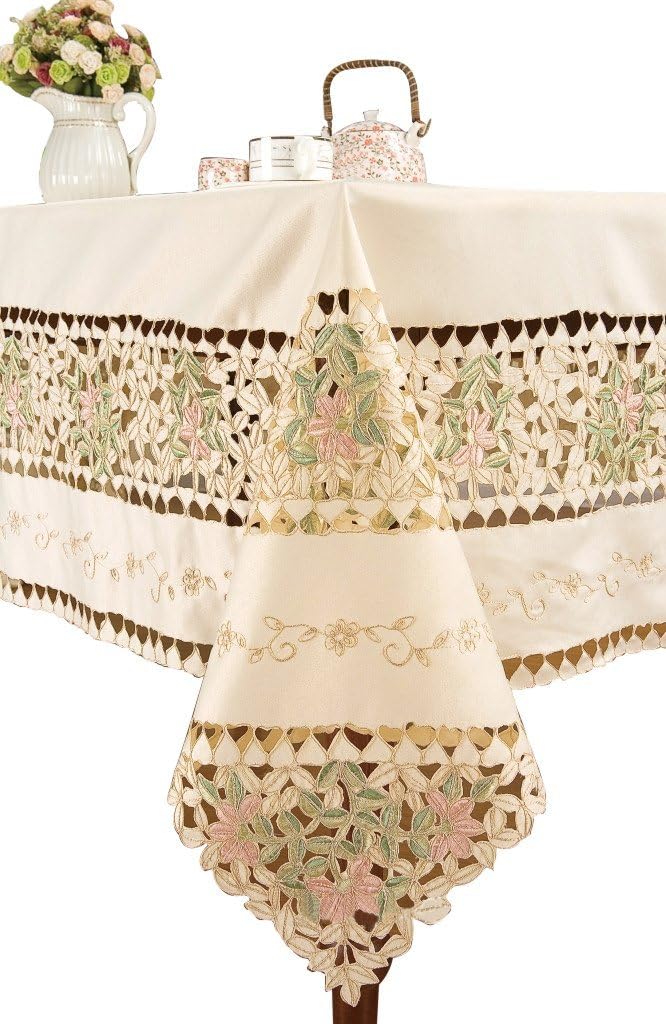 Simhomsen Large Beige Embroidered Floral Lace Linen Tablecloth Rectangle 70 by 90 Inch