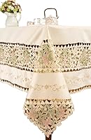 Vista 3 de Simhomsen Mantel rectangular de lino de encaje floral bordado beige grande de 70 x 90 pulgadas