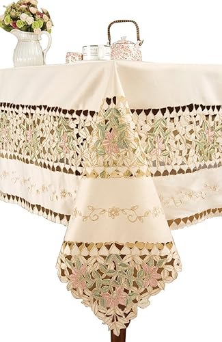 Miniatura 2 de Simhomsen Mantel rectangular de lino de encaje floral bordado beige grande de 70 x 106 pulgadas