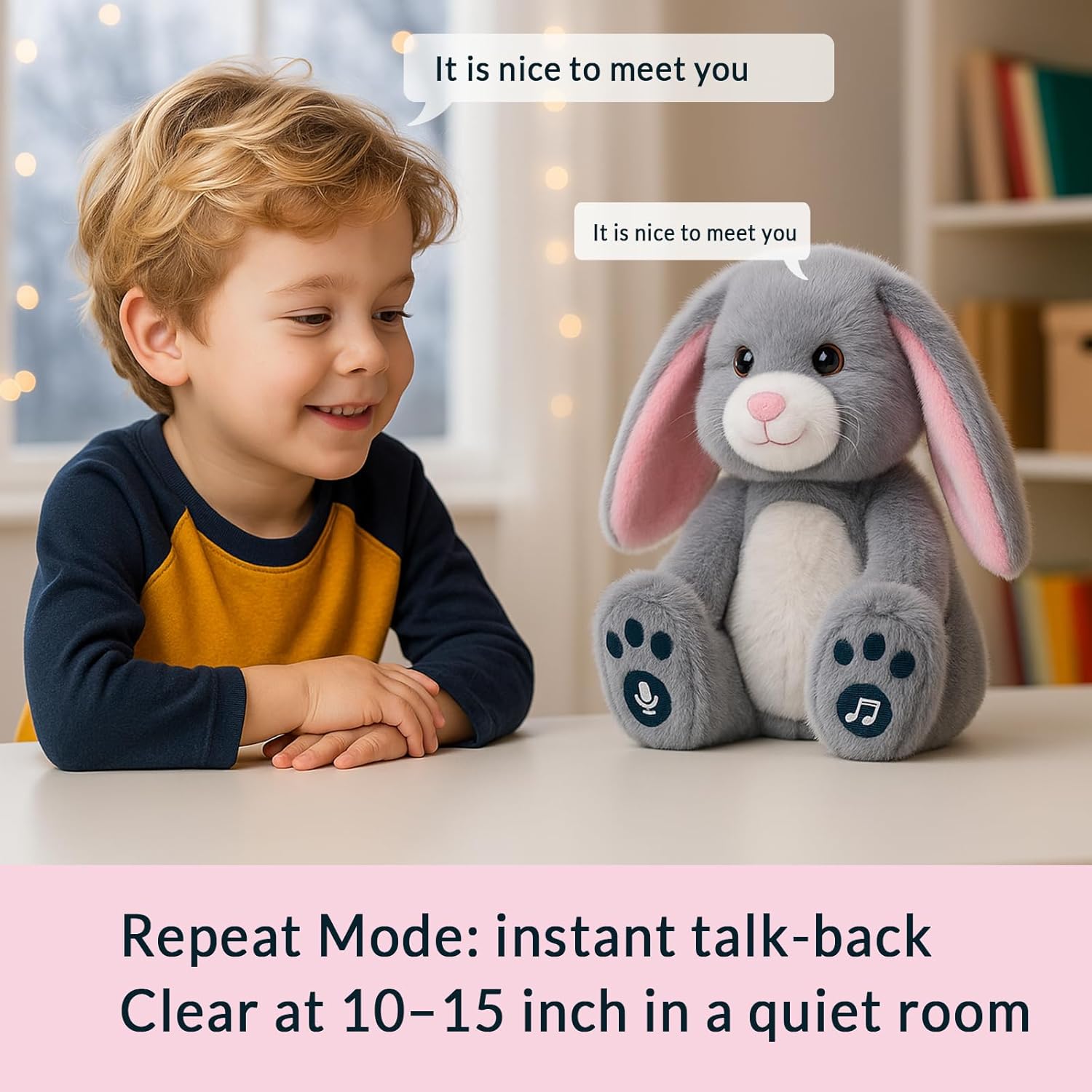 YH YUHUNG Easter Bunny Interactive Talking Plush Toy, Voice Repeat & Record, 10 Songs with Flapping Ears, Volume Control, Animated Stuffed Rabbit Easter Basket Gift for Toddlers Kids, Soft Gray - Image 2