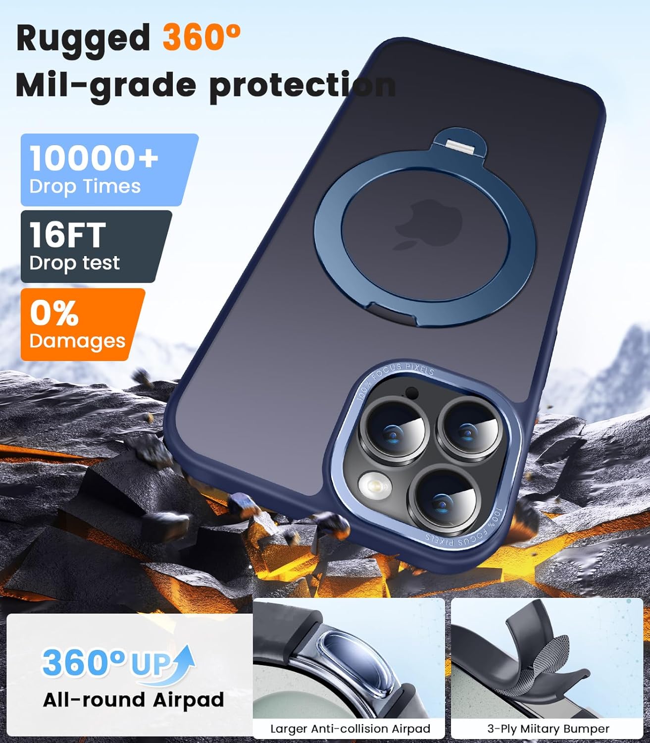 360° Spin Magnetic Stander for iPhone 14 pro max Case [Compatible with Magnetic] [Built-in Kickstand] Mil-Grade Protective, Matte Non-Slip for iPhone 14 pro max Phone Case(Dark Blue)