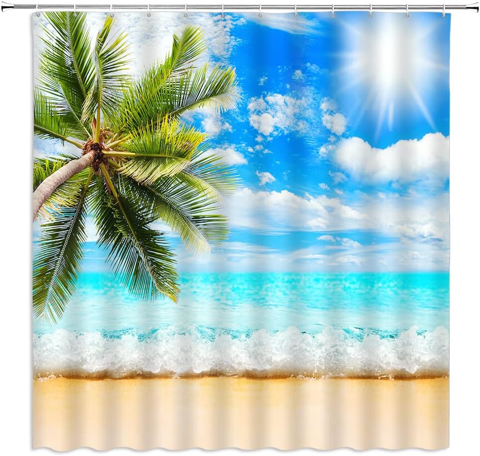 Beach Palm Leaves Shower Curtain Tropical Ocean Coastal Green Leaves Natural Scenery Peaceful Hawaii Seaside Summer Sea Fabric Bathroom Decor with Hooks（84" Wx70 H）