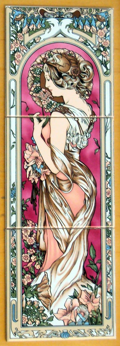 Rainbow Decors Ltd Burgundy Art Nouveau Ceramic Tile Mural 3 Tiles 6" Lady Fireplace Backsplash Tiles Hand Decorated In Uk