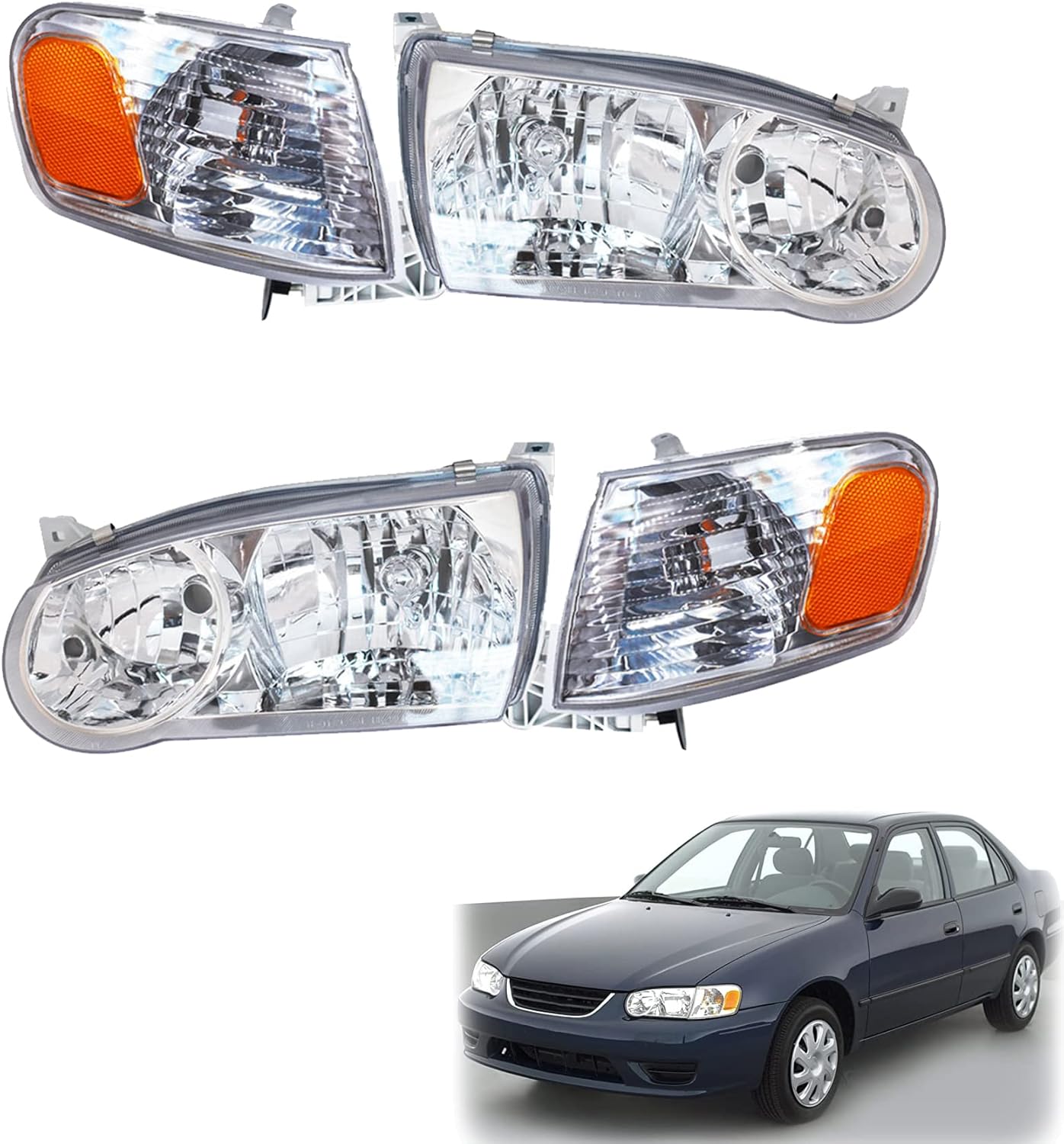 2-Pack Headlights Assembly Headlamps with Corner Signal Lamp Clear Lens Left and Right Side Replacement for 2001-2002 Corolla
