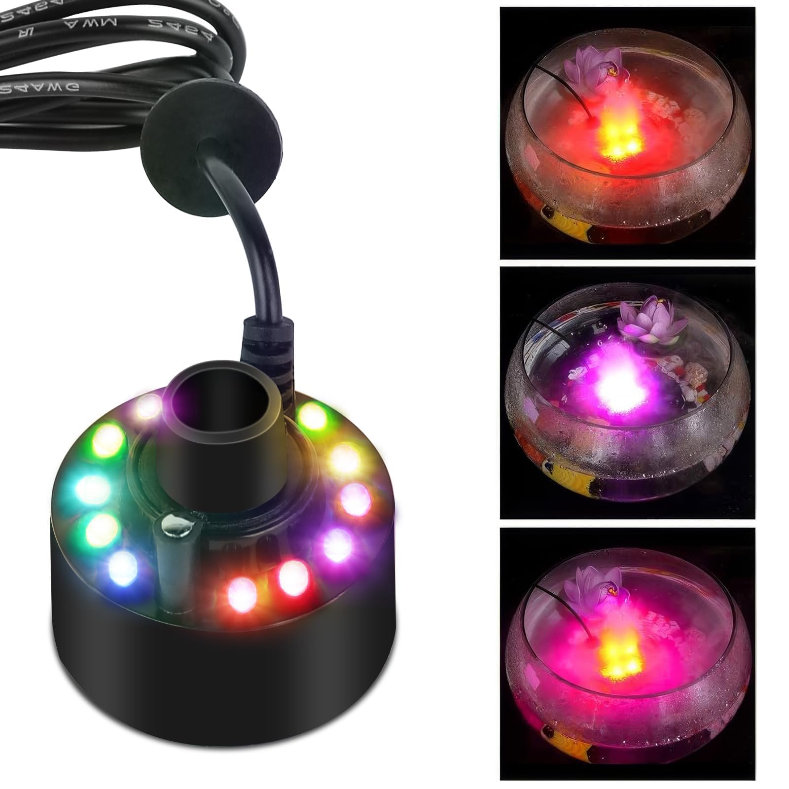 Pulvérisateur de Fontaine d'intérieur, générateur de Brume à ultrasons avec 12 lumières LED, atomiseur de Brume, atomiseur Silencieux pour fontaines, étangs, rocailles, Jeux d'eau et bonsaï