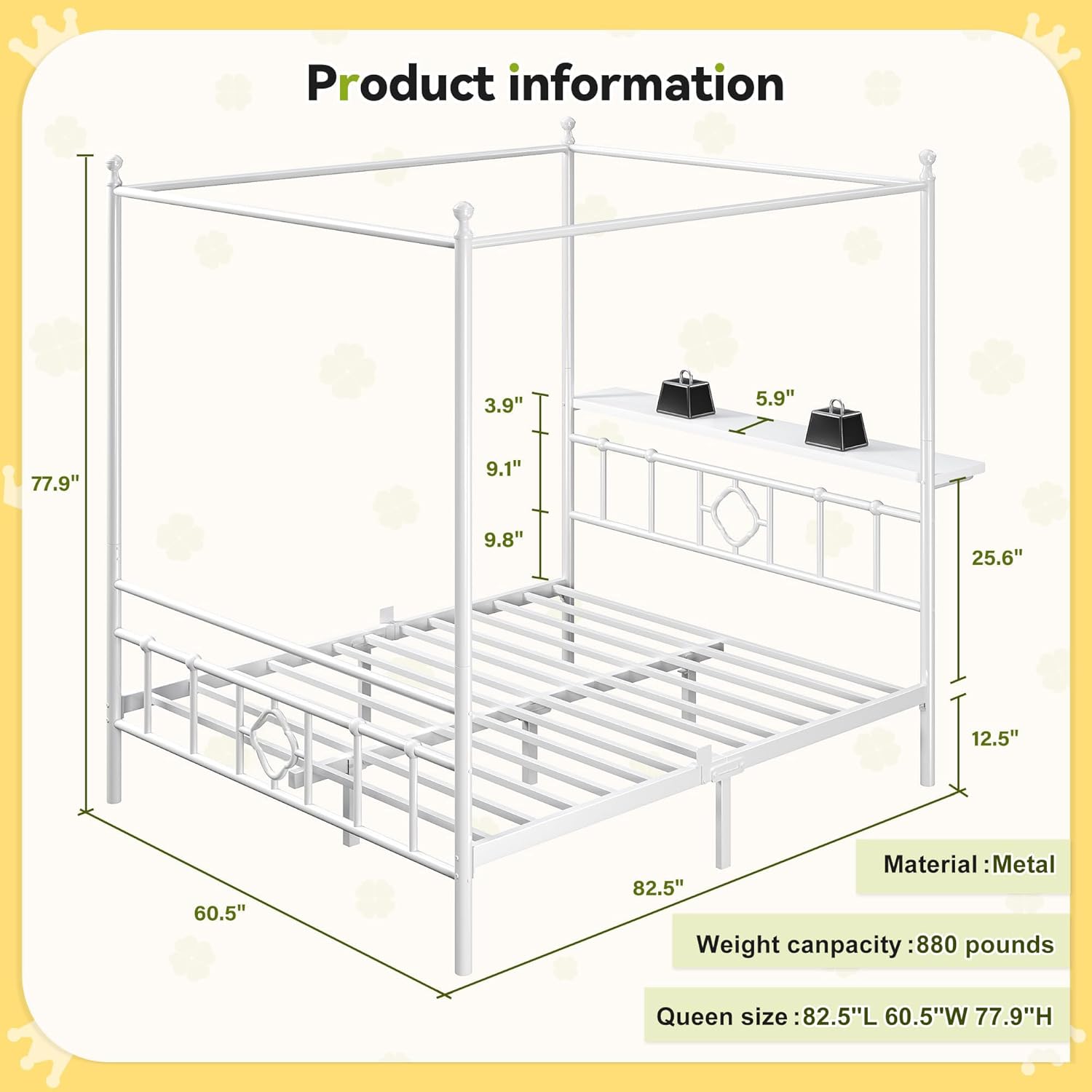 Homkdom Canopy Bed Frame with Storage Headboard, Queen Size Bed Frame with 4 Removable Posts, Sturdy Metal Platform with Under-Bed Storage, Dual Purpose Bed Frame, No Box Spring Needed, White