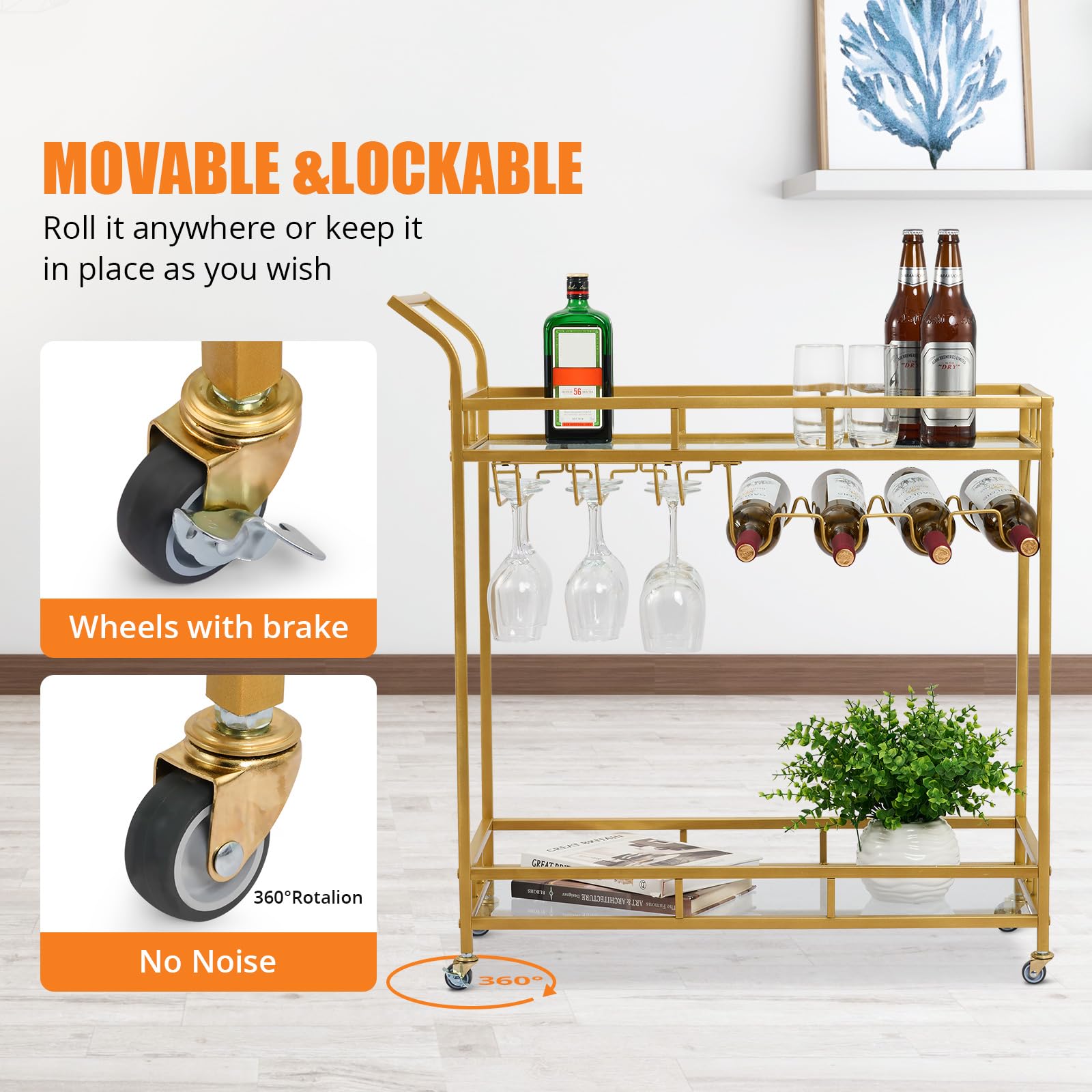 Großer Barwagen Gold, Home Bar Servierwagen, Weinwagen mit 2 Spiegelablagen, Weinhalter, Glashalter, für Küche, Esszimmer, Gold