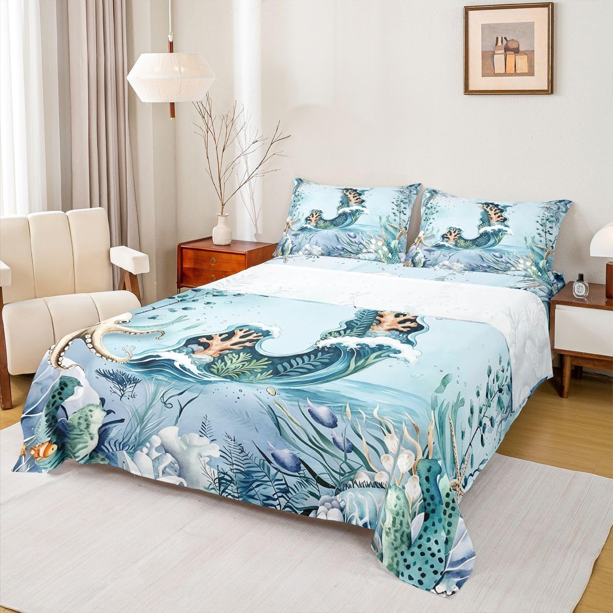 Erosebridal Marine Coastal Bed Sheets Set Aqua Teal Nautical Queen Sheet Set for Toddler Boys,Octopus Coral Reef Watercolor Seaweed Ocean Wave Monogram Letter J Flat Sheet