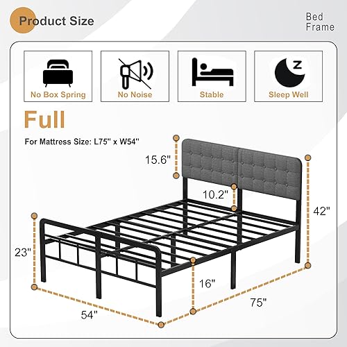 Miniatura 58 de EMODA Marco de cama de tamaño individual de 16 pulgadas con cabecera tapizada y estribo de metal, base de colchón de soporte de listones de metal
