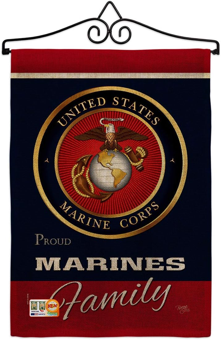 Marines Proudly Family Burlap Burlap Garden Flag Set Wall Hanger Armed Forces Marine Corps USMC Semper Fi United State American Military Veteran Retire Official Gift Yard House Double-Sided 13 X 18.5