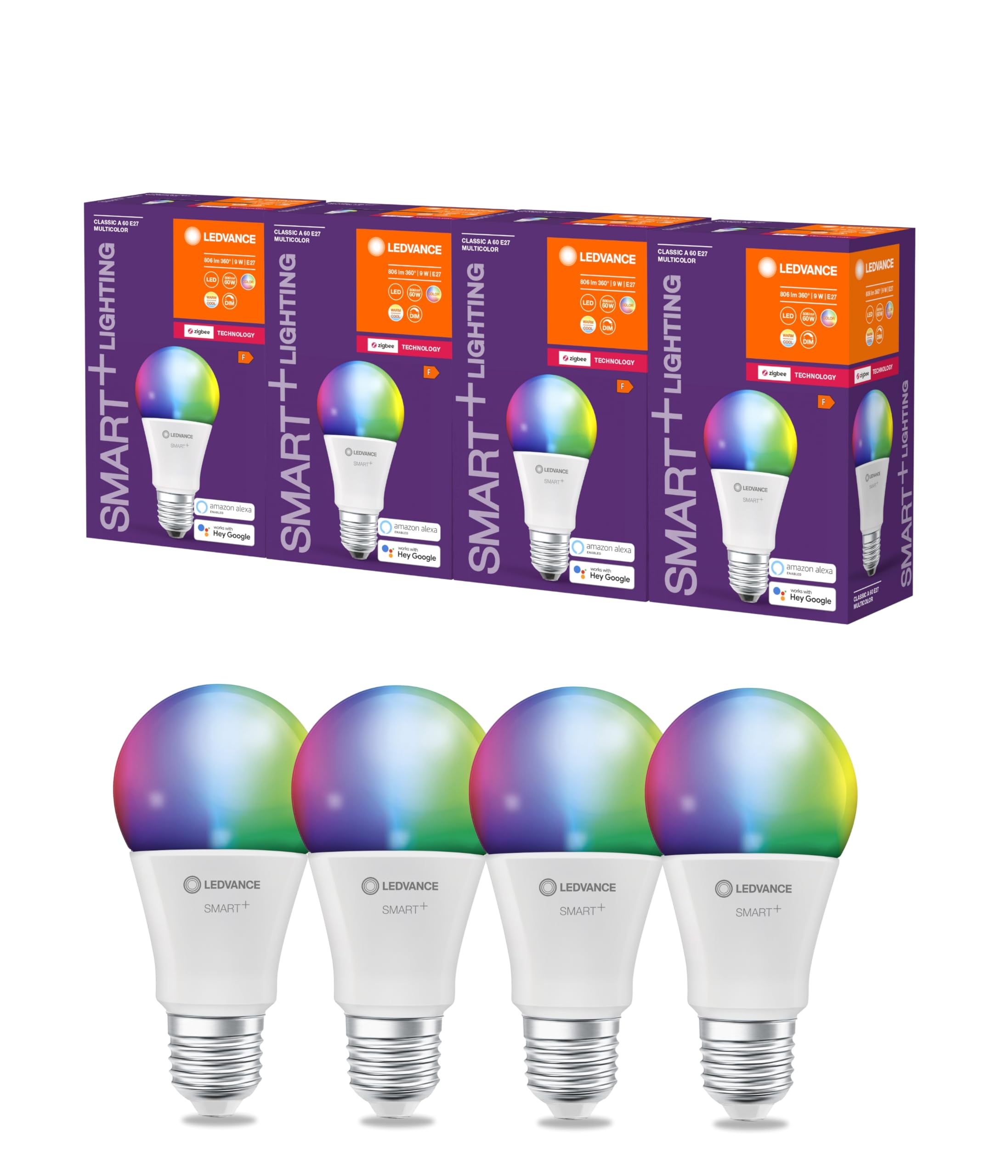 LEDVANCE LEDVANCE Smart+ Lampe mit ZigBee Technologie, 9W, A60, matt, Sockel E27, Lichtfarbe RGBW einstellbar, 806lm, 4er Pack, White