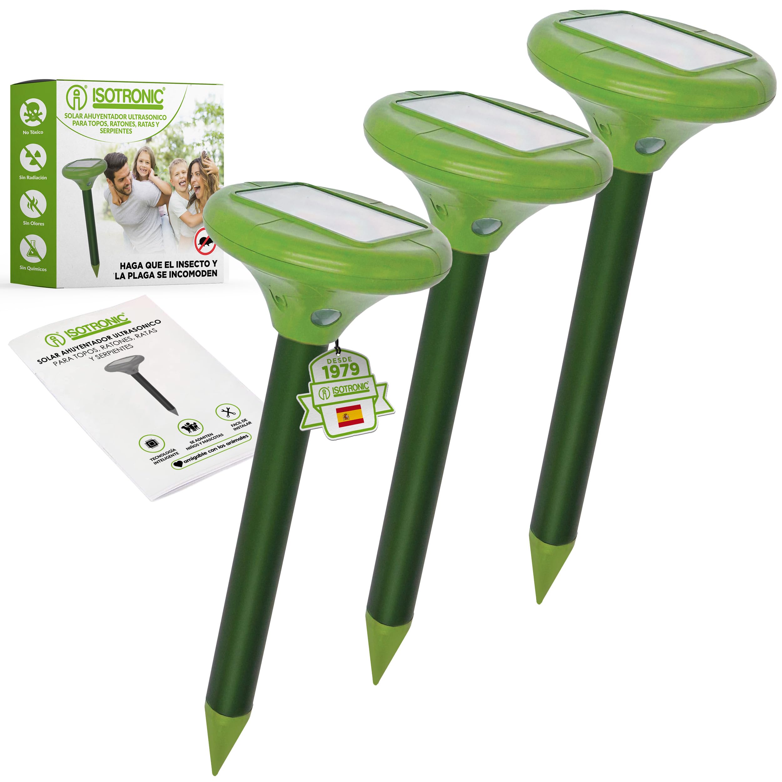 ISOTRONIC Repelente para Topos, topillos y Serpientes: Repelente Solar con estaca para jardín con Alcance Efectivo de 1250 m² (3 Unidades).