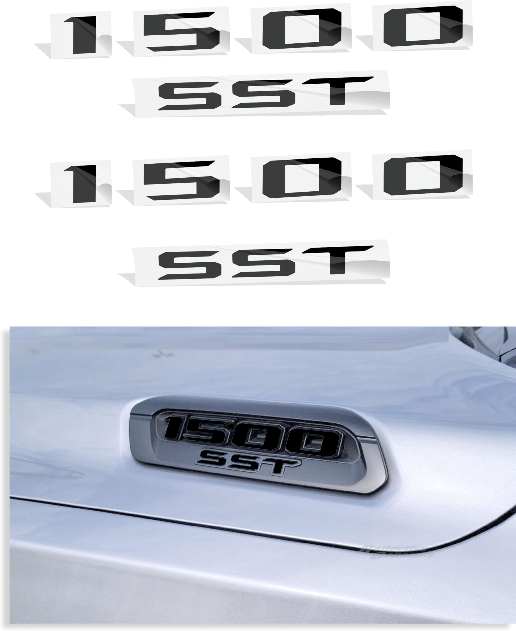 1500 SST Hood Emblem Overlay Decal Stickers - 2025 Ram 1500 Bighorn, Laramie and Warlock w/3.0 I6 Hurricane (Color: Gloss Black)