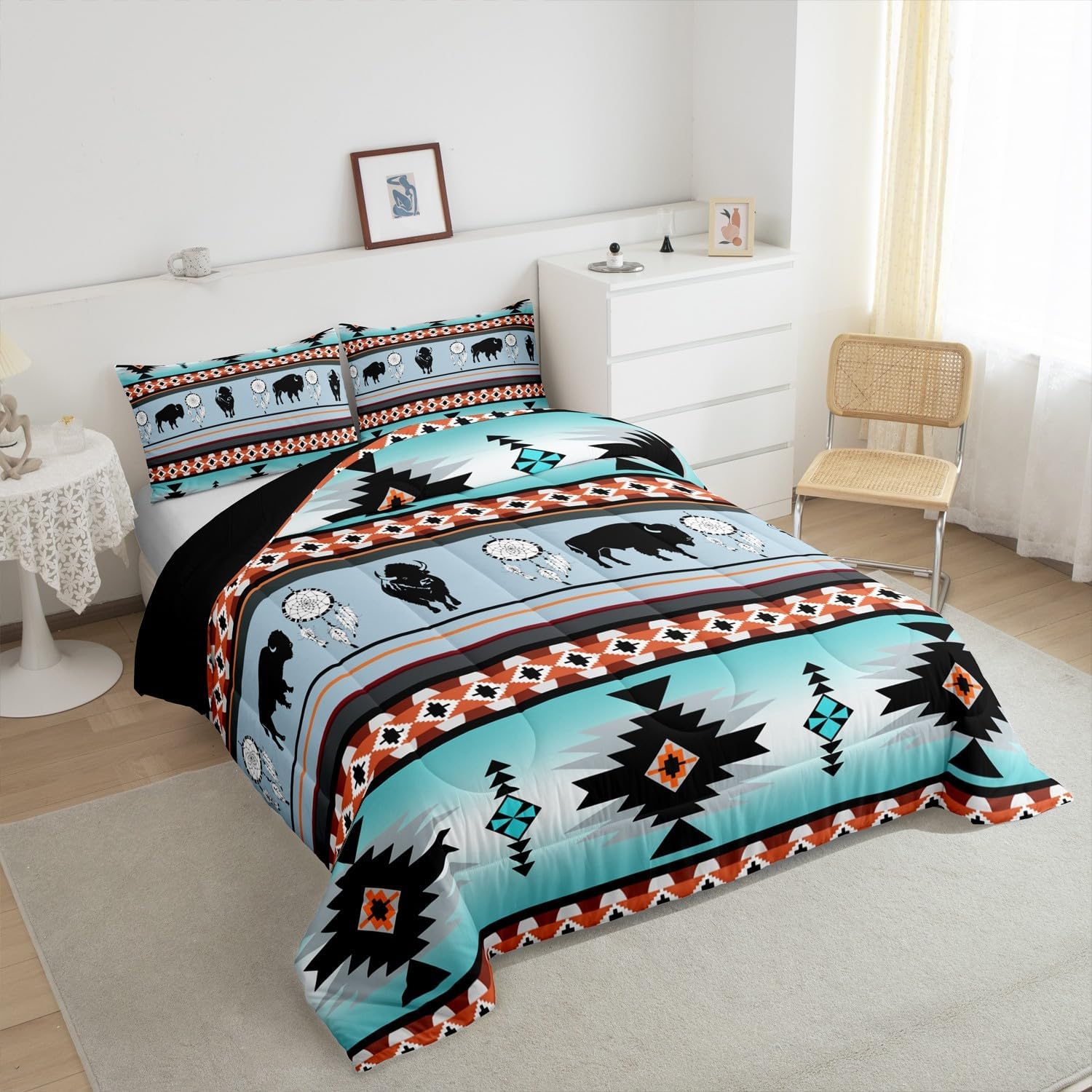 Erosebridal Aztec Bedding Set Twin,Southwestern Highland Cow Duvet Insert Cowgirl Cowboy Longhorn Bull Cattle Comforter Set Western Animals Quilt Farmhouse Wildlife Boho Decor,Black Green