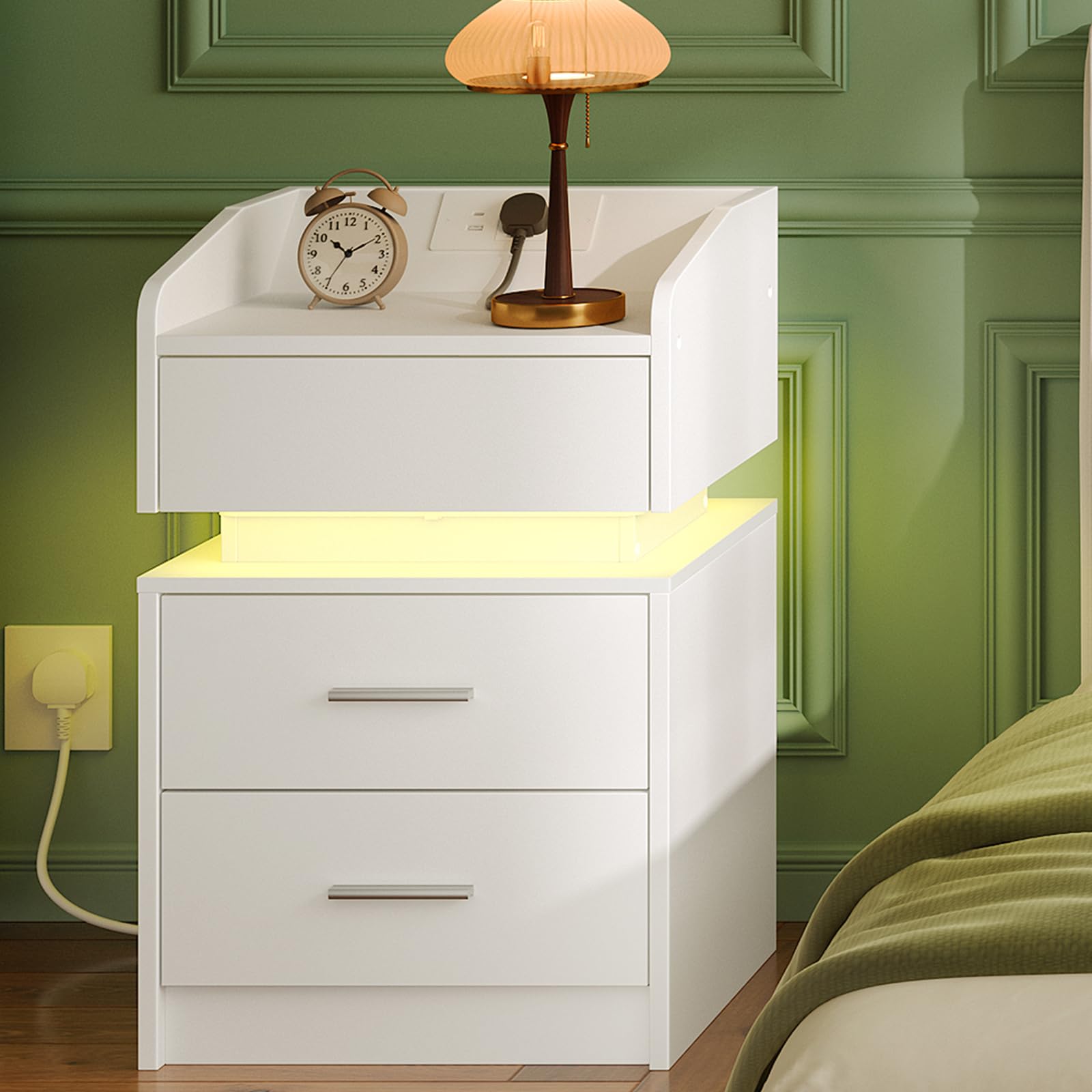 HOOBRO Bedside Table with 20-Color LED Lights, 3-Drawer Side Table with Charging Station, High Gloss Nightstand, Sofa Table for Bedroom, Living Room, White EWT205KDBZ01