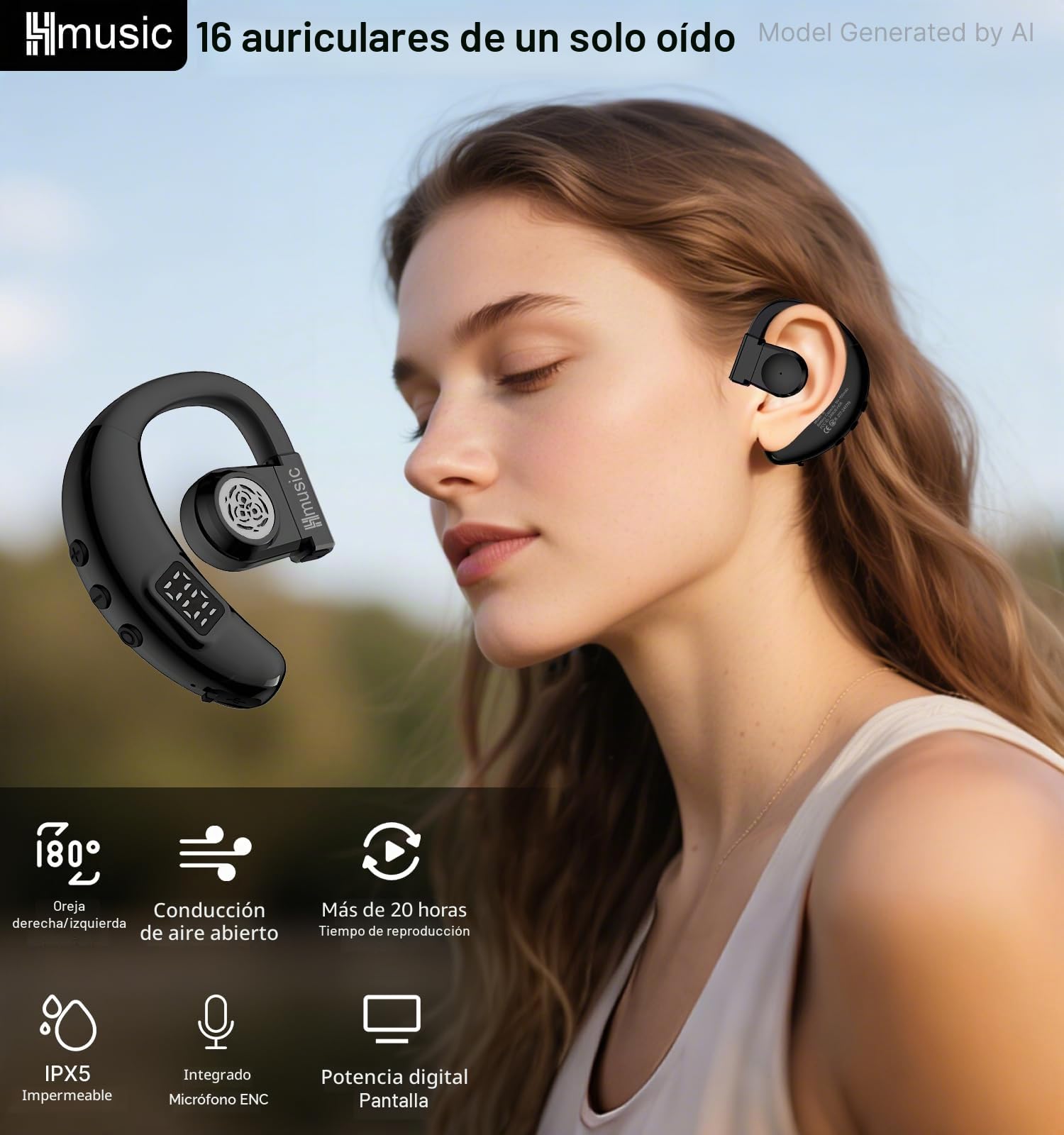 Hmusic Auriculares Bluetooth, V5.4 Auriculares inalámbricos, para Uso Izquierdo y Derecho, 20 Horas de reproducción Auricular con micrófono ENC para Conducir, amioneros, Negocios, Oficina -Negro