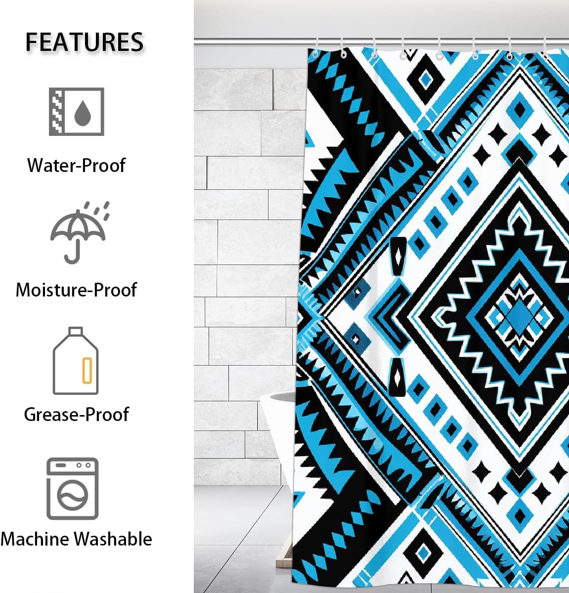 Shower Curtain with 12 Hooks, Aztec Geometric Blue Waterproof Bath Curtain, Decorative Fabric Shower Liner for Bathroom Home Dorm, 72"x72"