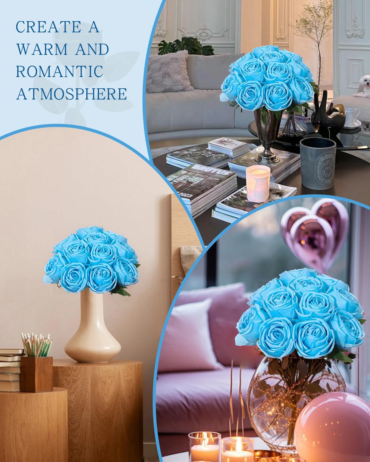 10 Pcs Baby Blue Fake Roses,Artificial Silk Rose Flowers with Long Stems,Realistic Faux Roses for Vase Home Wedding Table Centerpieces Baby Shower Decor - Image 5