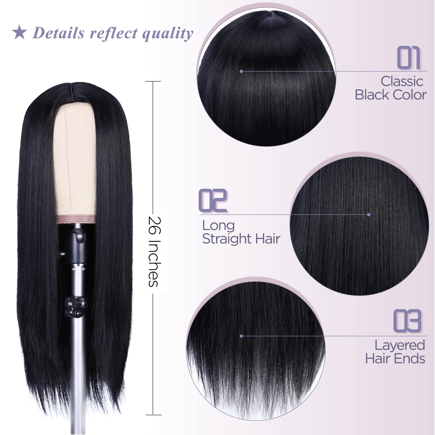 quickwig Long Straight Wig Black Wigs for Women and Girls Middle Part Natural Hairline Long Synthetic Full Wig for Daily Party Costume Use - Image 9