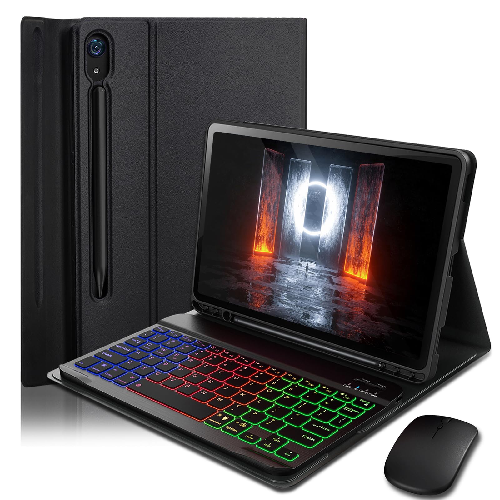 Case Keyboard for Samsung Galaxy Tab S10 Lite / S10 FE / S9 FE / S9 / S8 10.9-11 inch Cover - 7 Color Rainbow Change Backlit Detachable Magnetic Keyboard with S Pen Holder with Mouse - Black