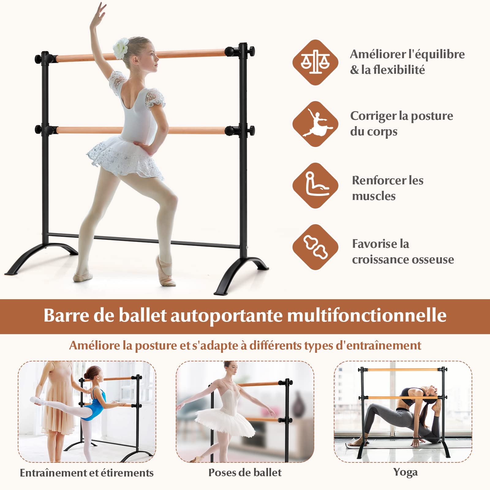 COSTWAY Barre de Danse Classique Double Autoportante pour Enfants Adultes, Barre de Ballet sur Pied 120 cm Hauteur Réglable Ø 38 mm en Bois de Hêtre Pose Libre pour Yoga, Exercice