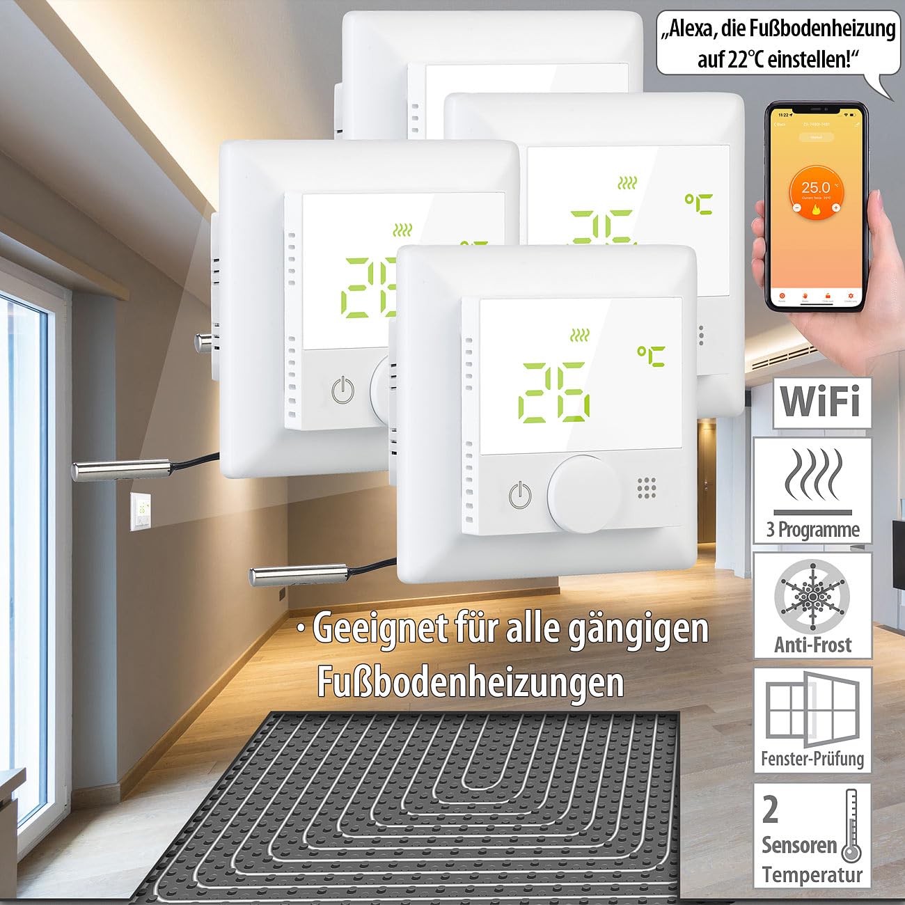 revolt Thermostat Elesion: 4er-Set WLAN-Fußbodenheizungs-Thermostat. Sprachsteuerung, App, weiß (Raumthermostat Fußbodenheizung, Raum-Thermostat, Infrarotheizung)