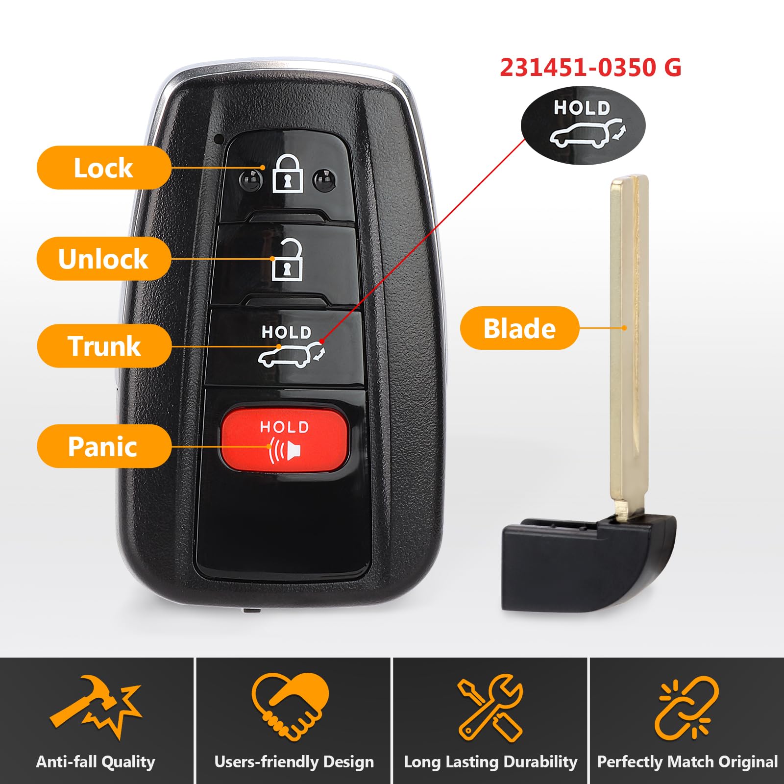 Yewong Key Fob Replacement Proximity Remote Smart Key for Toyota Highlander 2021 2022 2023 HYQ14FBC 8990H-0E020 231451-0351 314.3MHZ 4Buttons