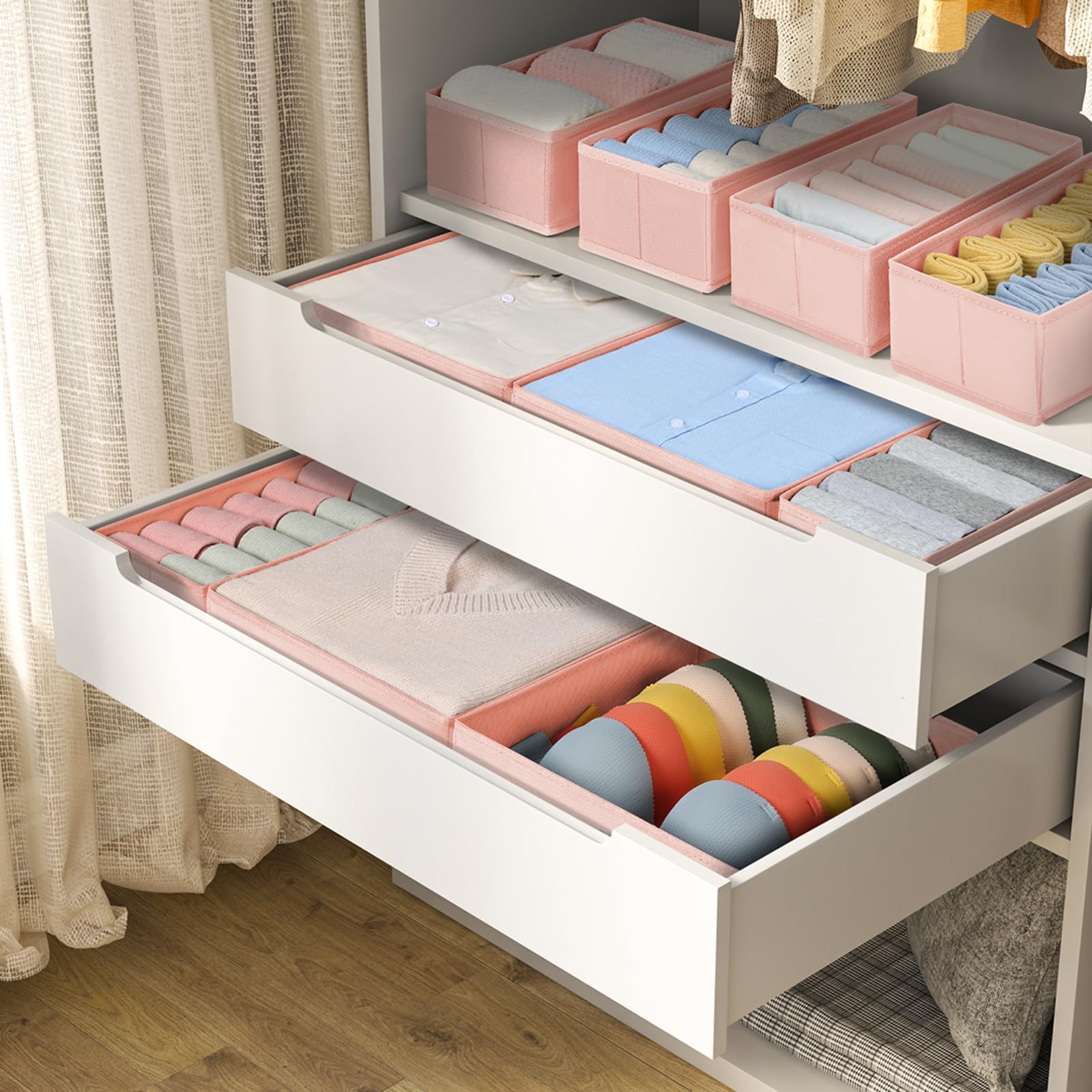 Homsorout Organizer do szuflad, składane pudełko, 12 sztuk, materiałowe przegrody do szuflady, do szafy, ubrania do organizowania biustonoszy, skarpet, bielizny i sypialni, różowe
