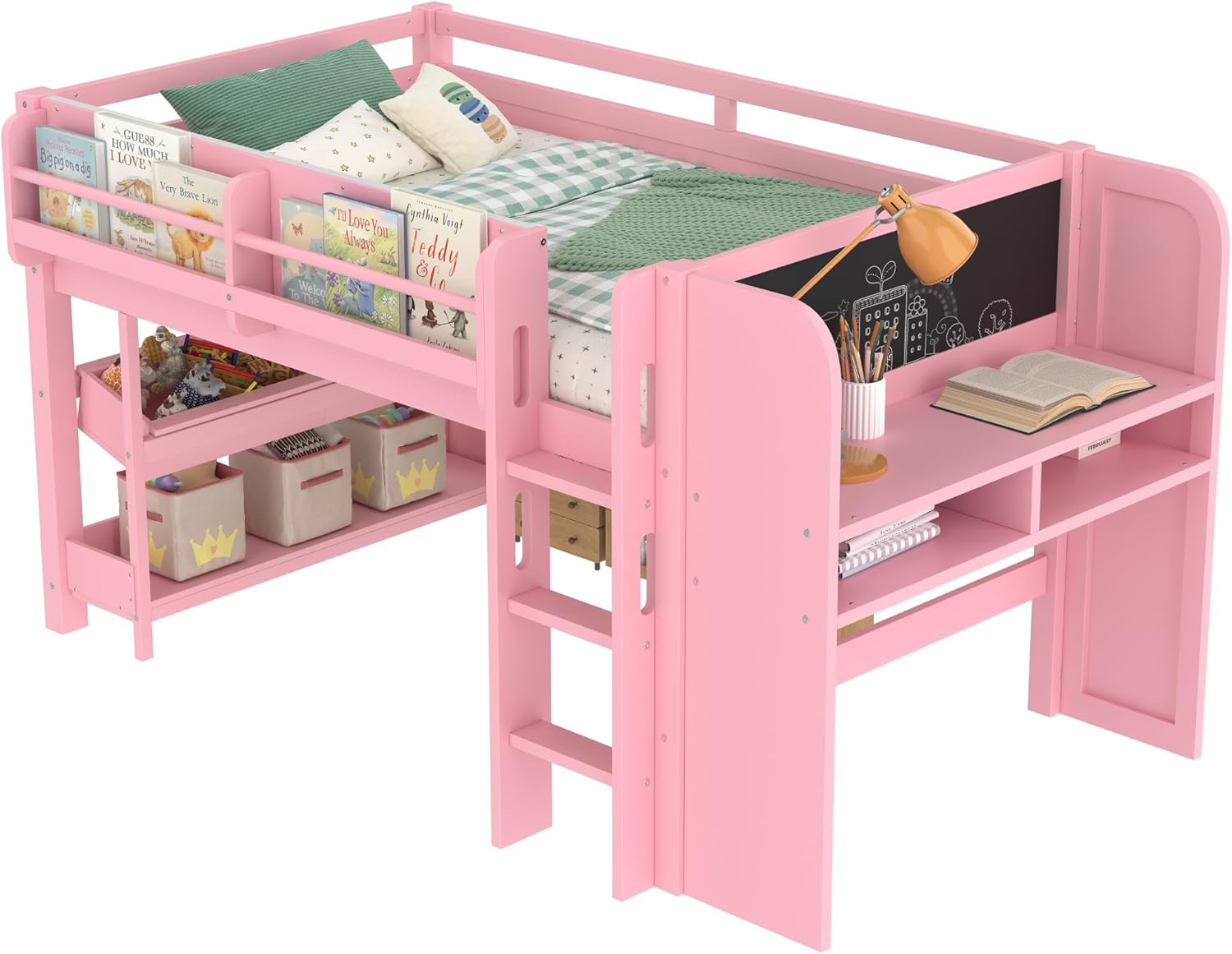 Bellemave Twin Loft Bed with Storage Boxes and Bookshelves, Solid Wood Kids Loft Bed with Desk and Blackboard, Low Loft Beds Frame for Kids, Girls, Boys, Childlike Design, Pink